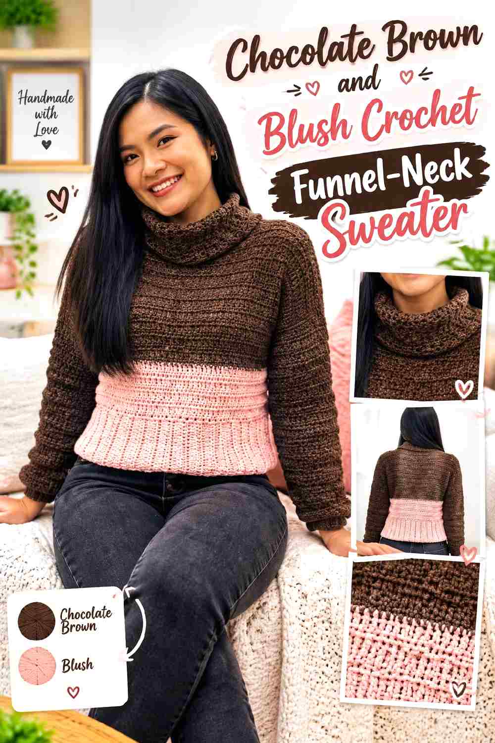 19. Chocolate Brown And Blush Crochet Funnel Neck Sweater
