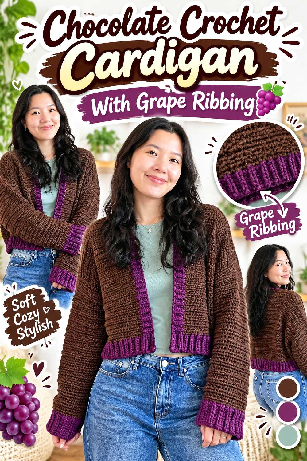 10. Chocolate Crochet Cardigan With Grape Ribbing