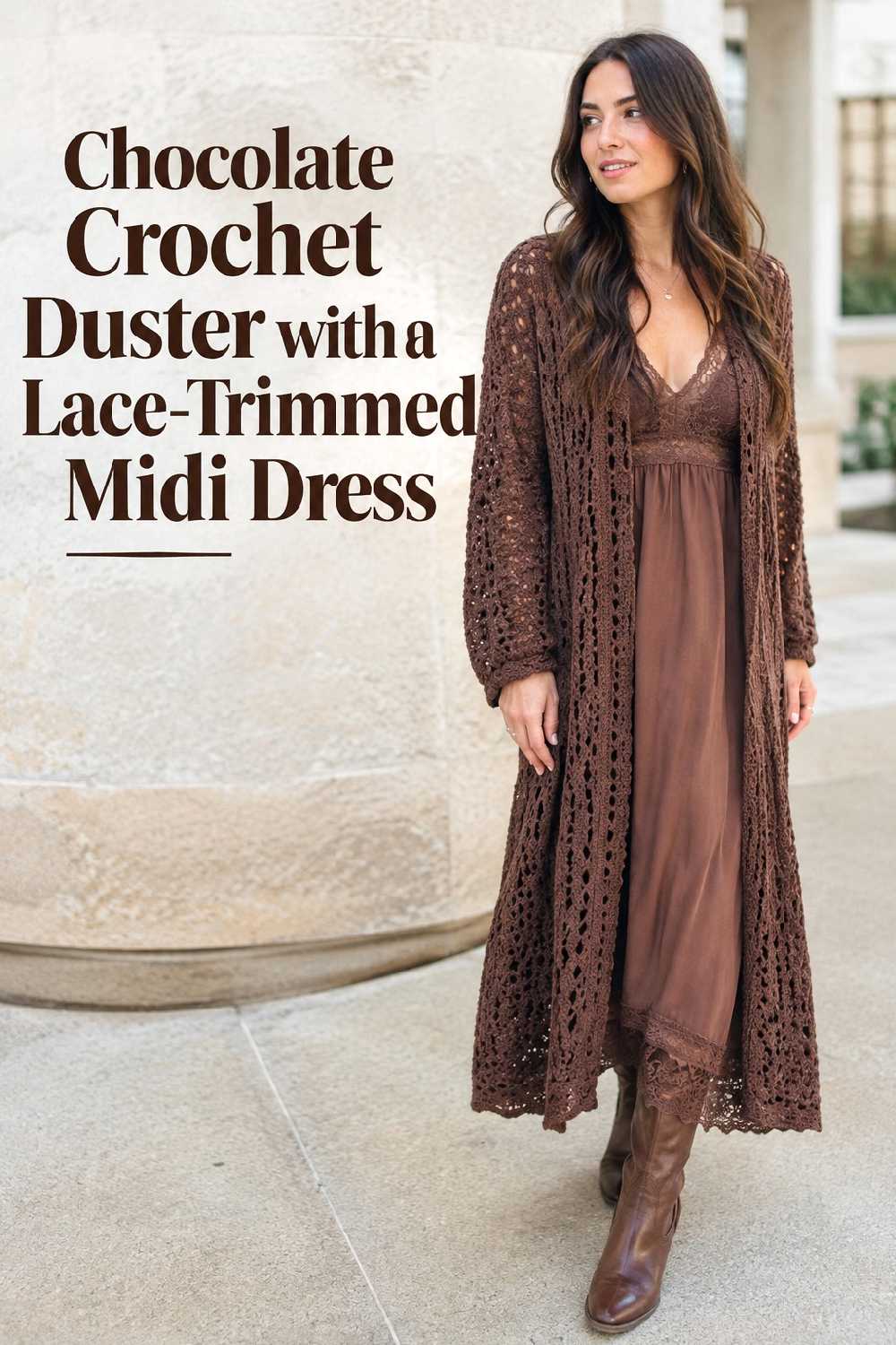 5. Chocolate Crochet Duster With A Lace Trimmed Midi Dress