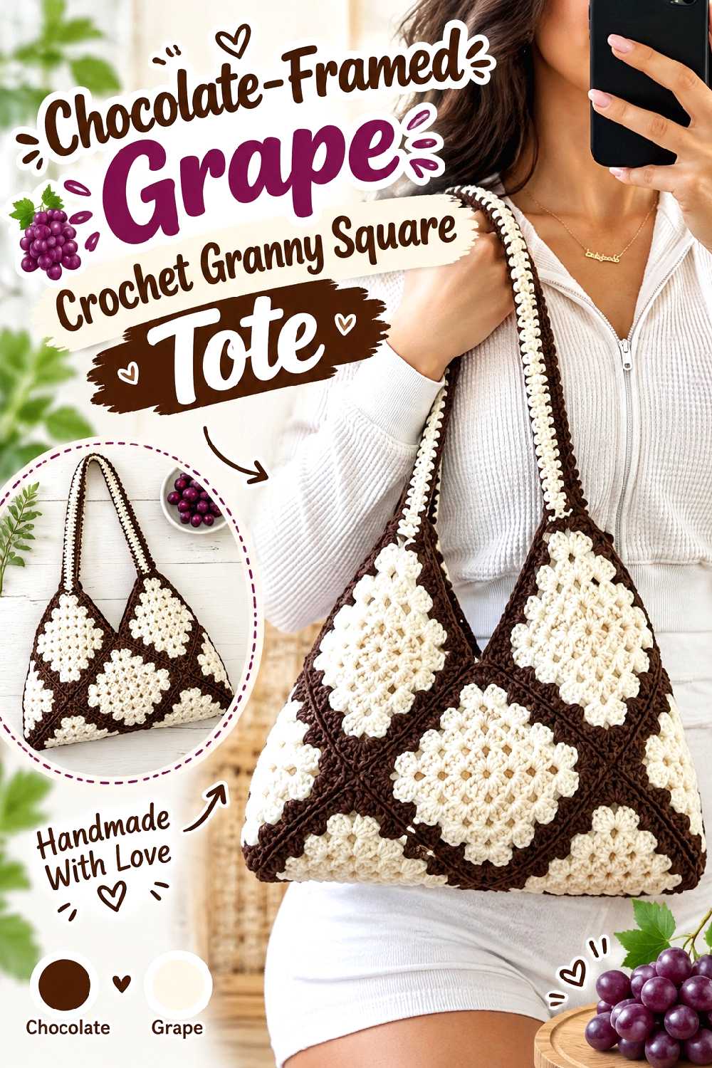 6. Chocolate Framed Grape Crochet Granny Square Tote