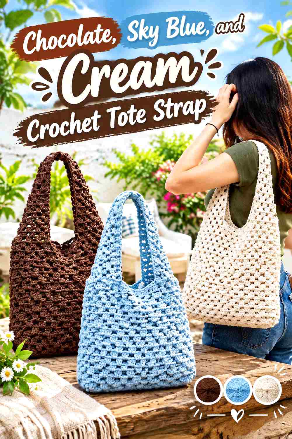9. Chocolate Sky Blue And Cream Crochet Tote Strap