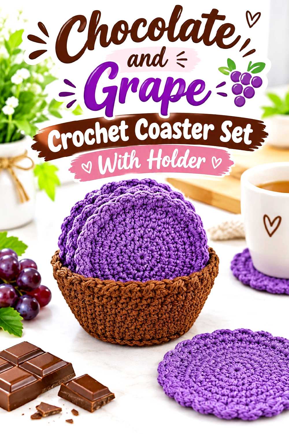 18. Chocolate And Grape Crochet Coaster Set With Holder