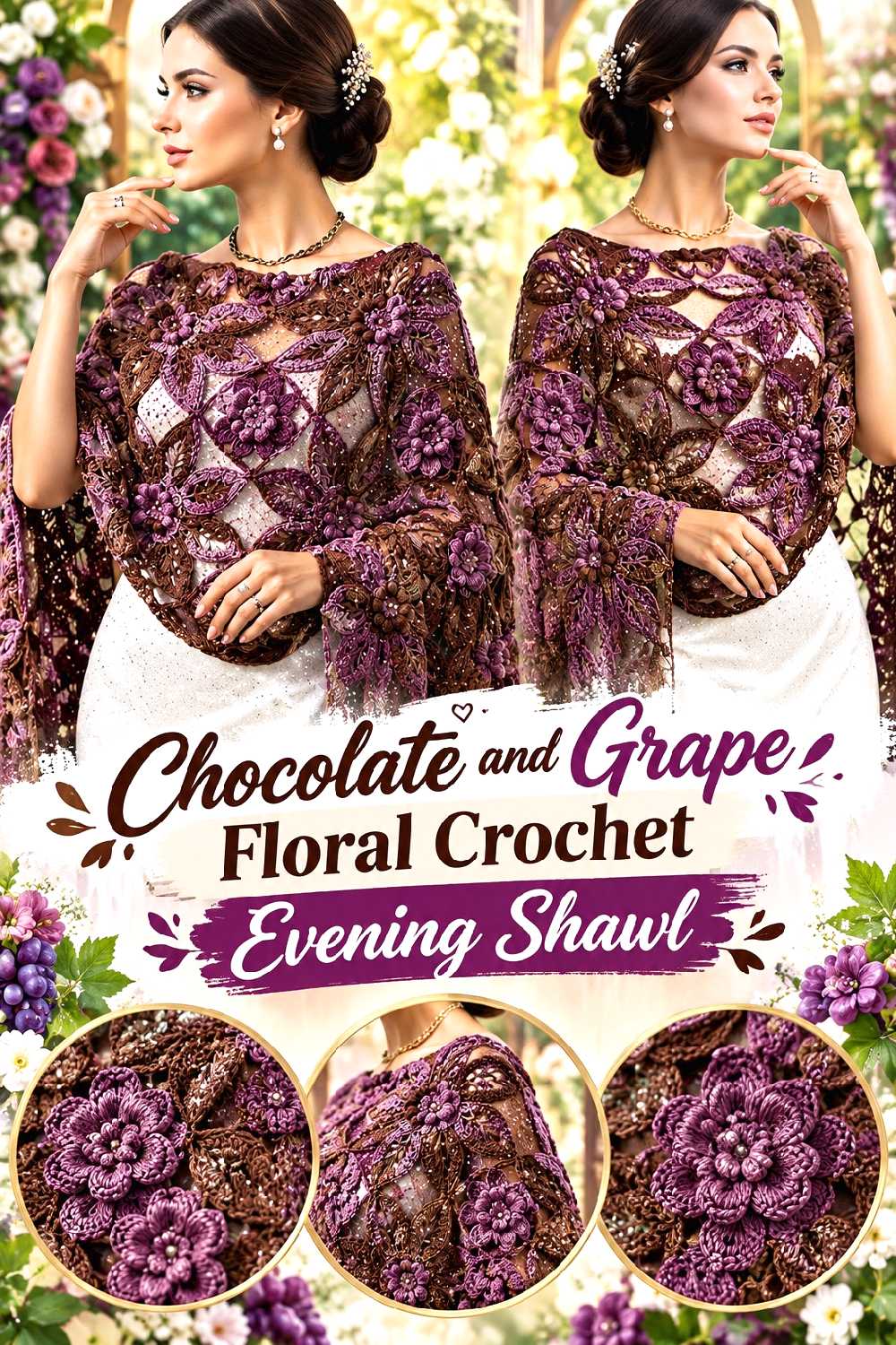 4. Chocolate And Grape Floral Crochet Evening Shawl