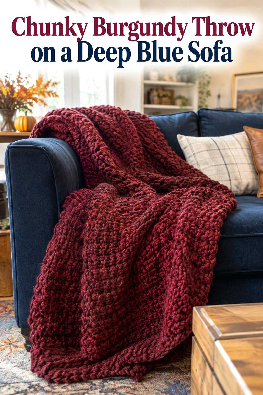 Chunky burgundy throw on a deep blue sofa