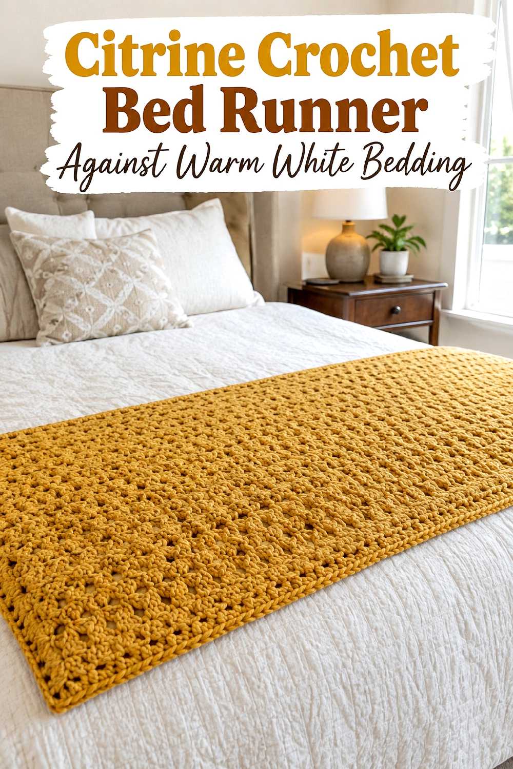 7. Citrine Crochet Bed Runner Against Warm White Bedding