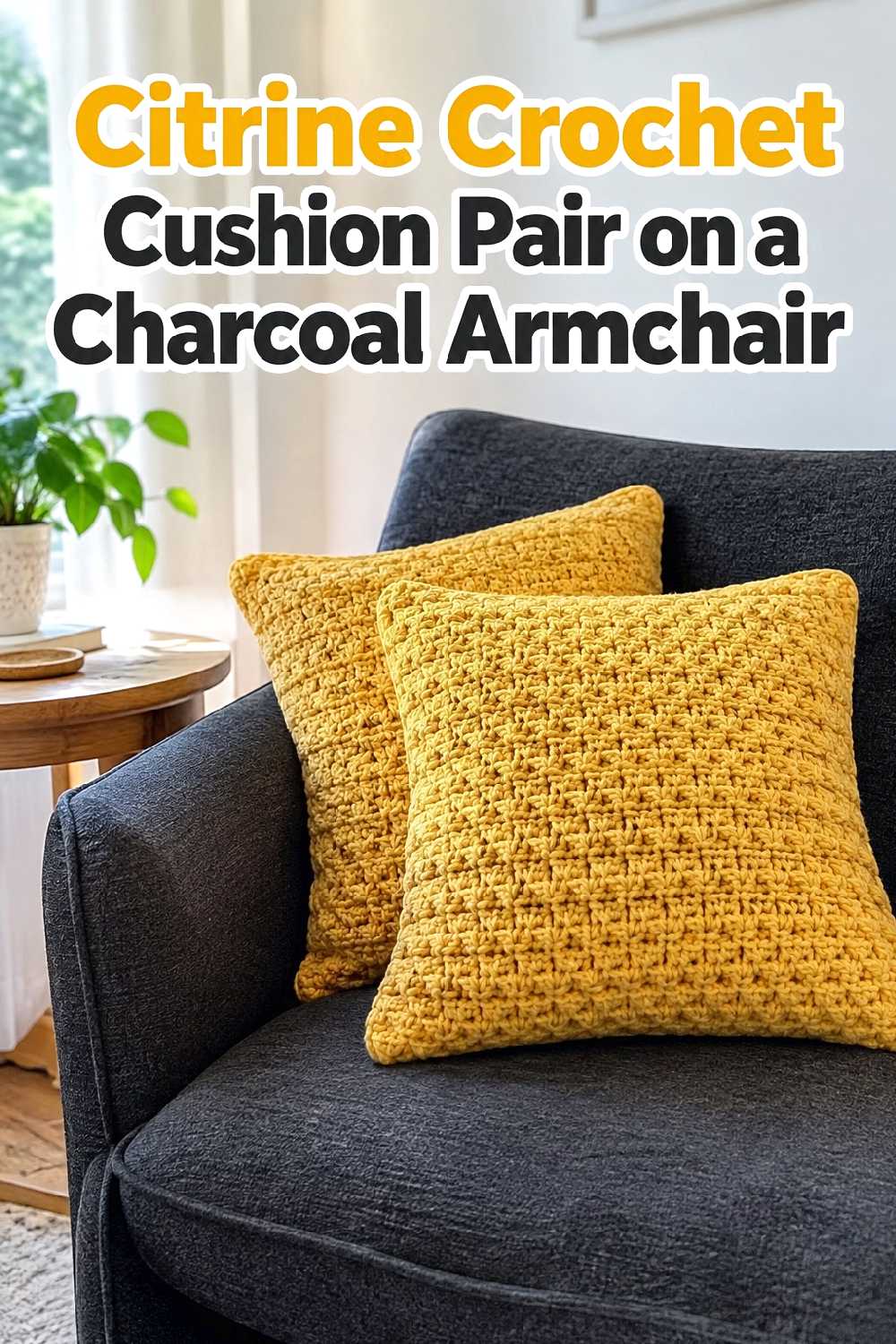 2. Citrine Crochet Cushion Pair On A Charcoal Armchair