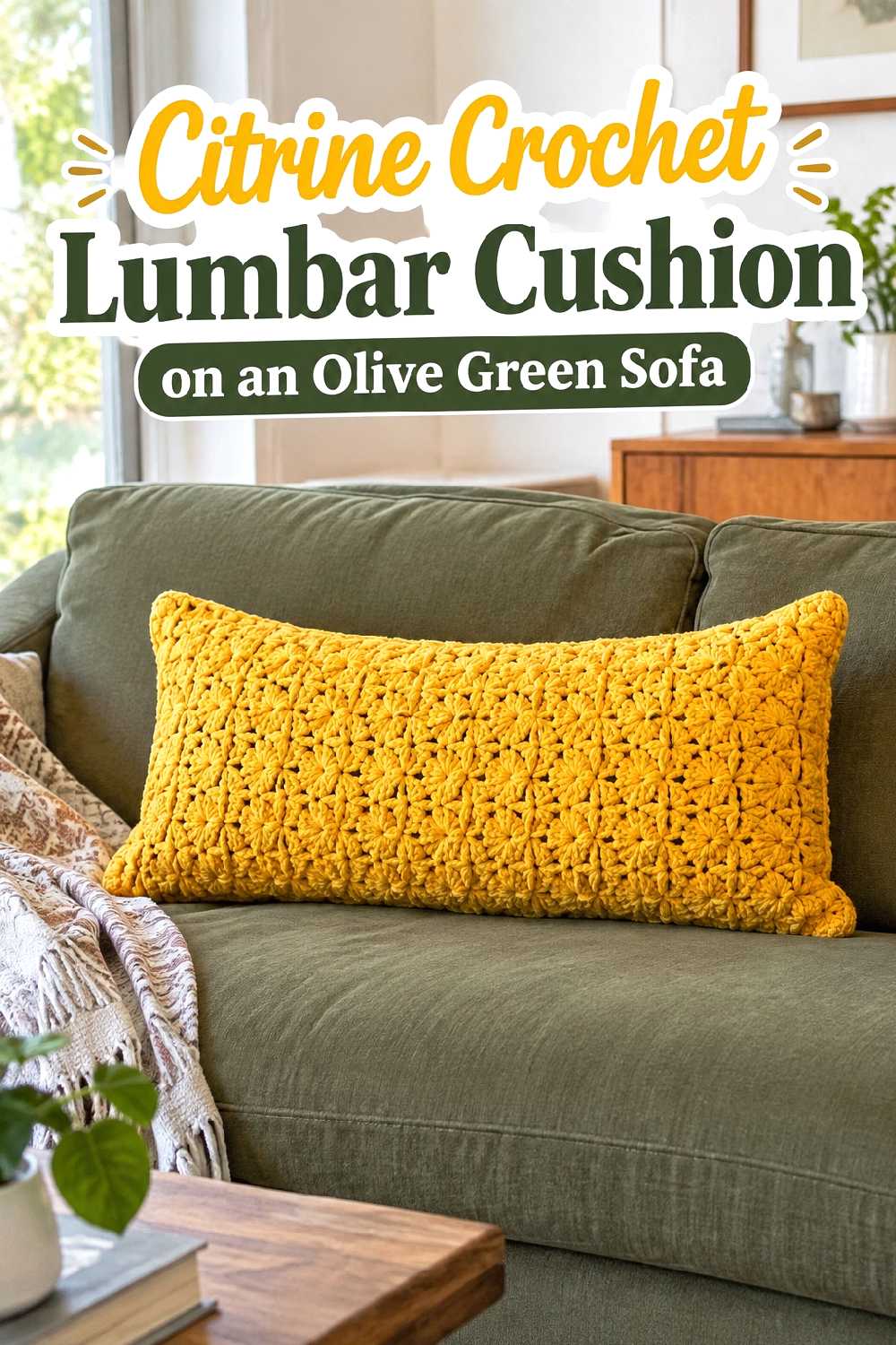 8. Citrine Crochet Lumbar Cushion On An Olive Green Sofa