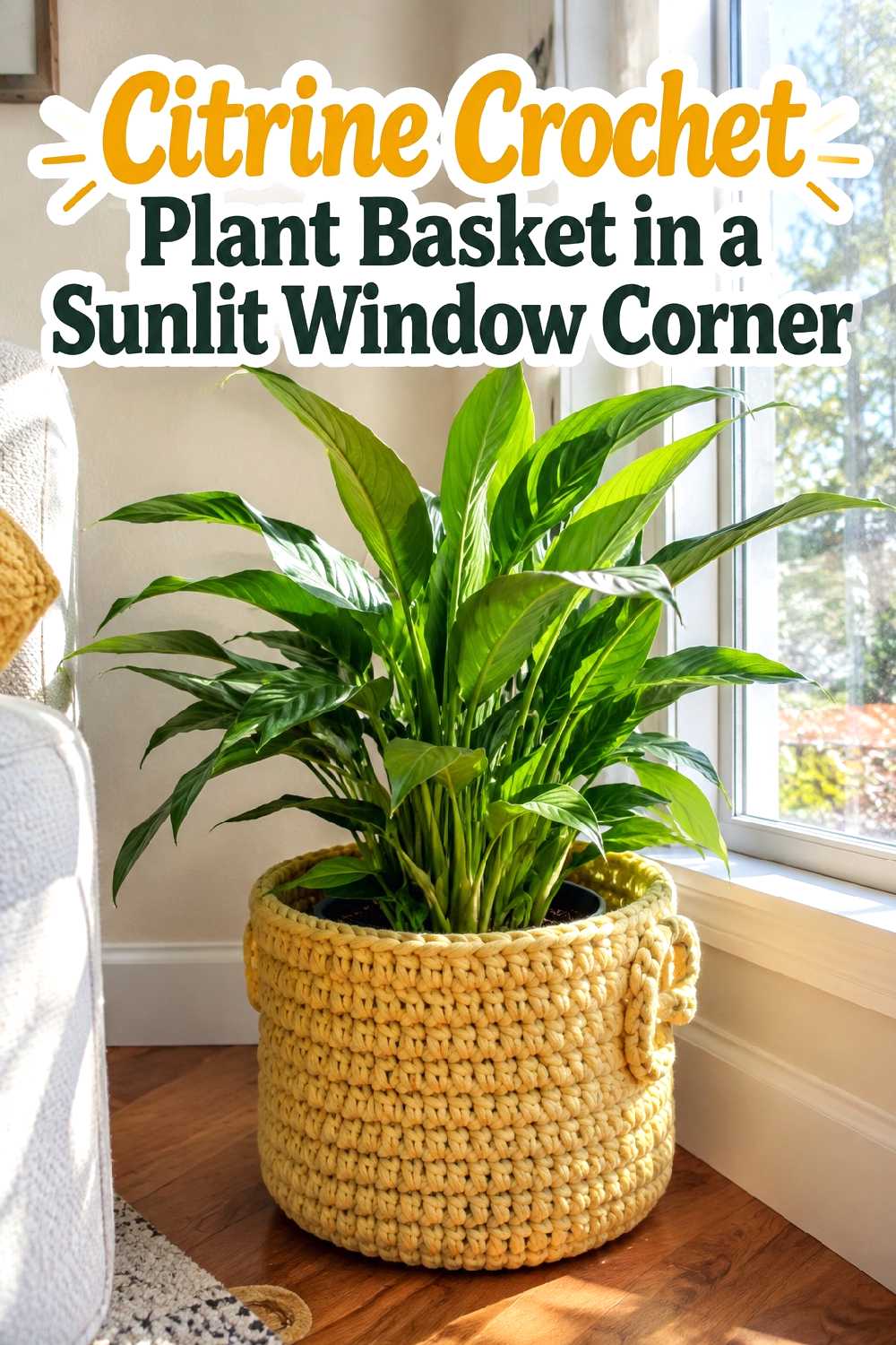 9. Citrine Crochet Plant Basket In A Sunlit Window Corner