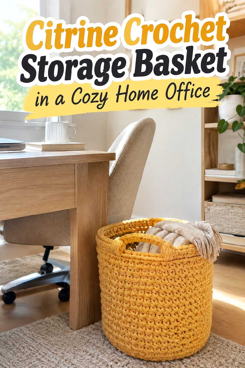 15. Citrine Crochet Storage Basket In A Cozy Home Office