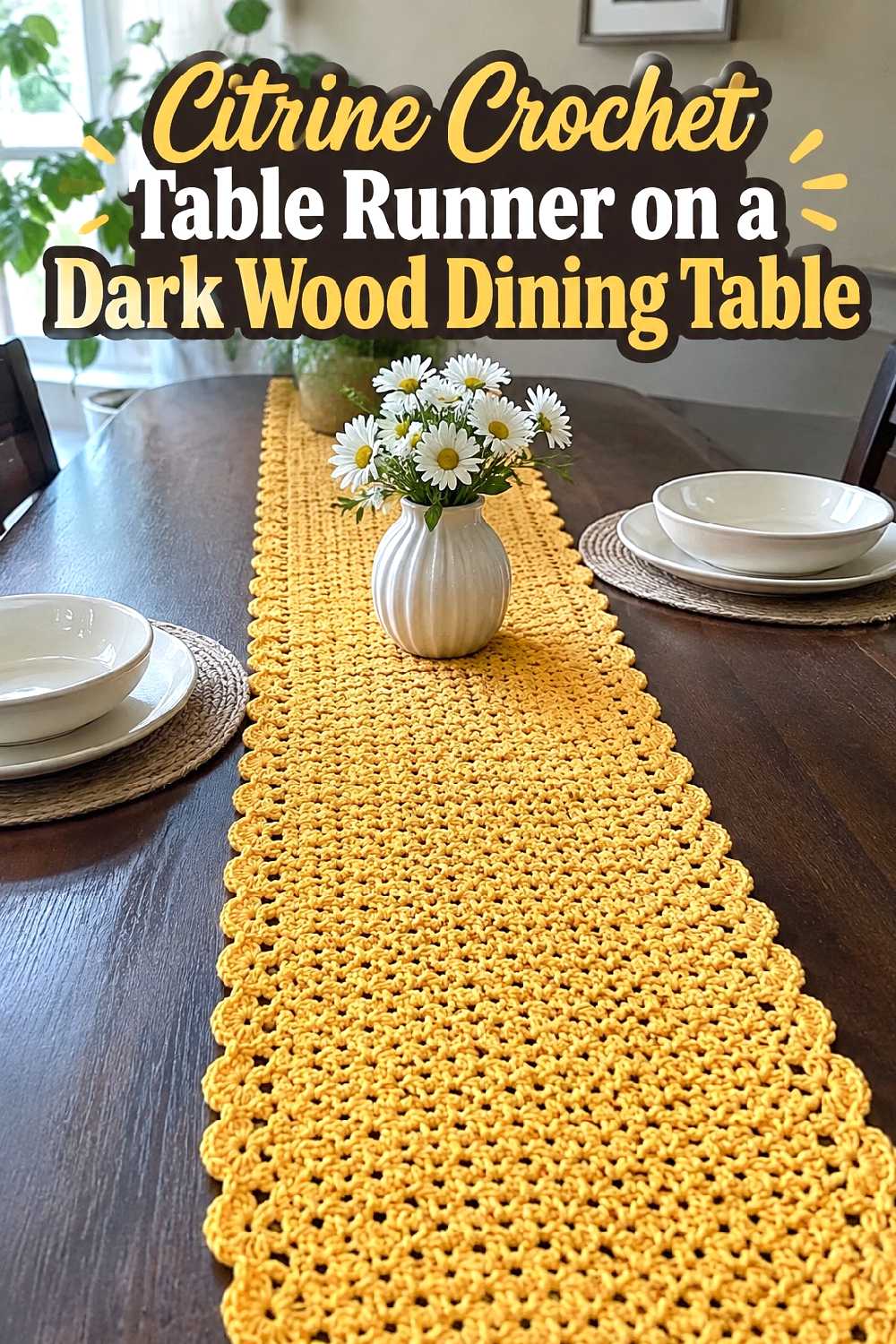4. Citrine Crochet Table Runner On A Dark Wood Dining Table