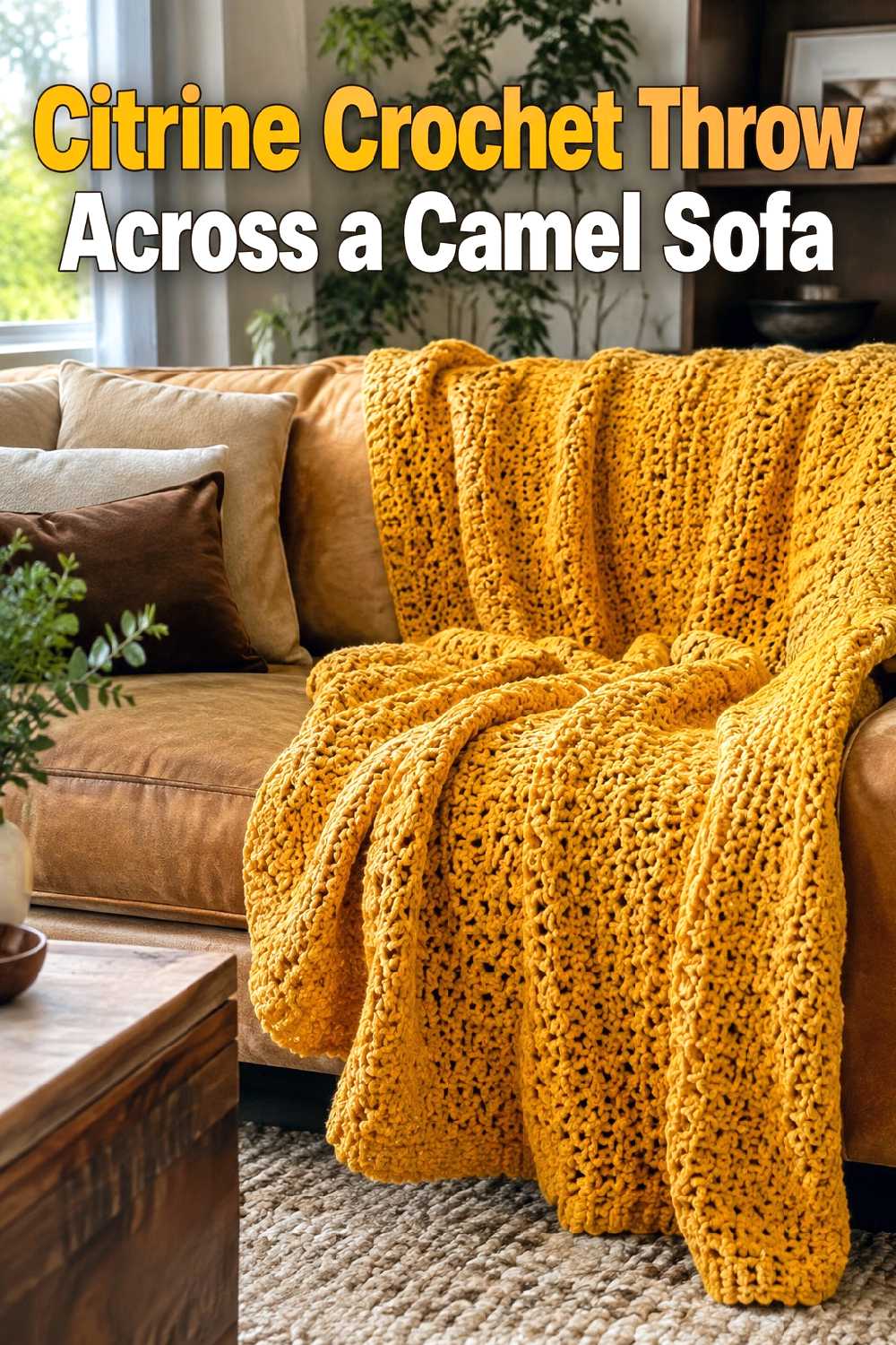 1. Citrine Crochet Throw Across A Camel Sofa