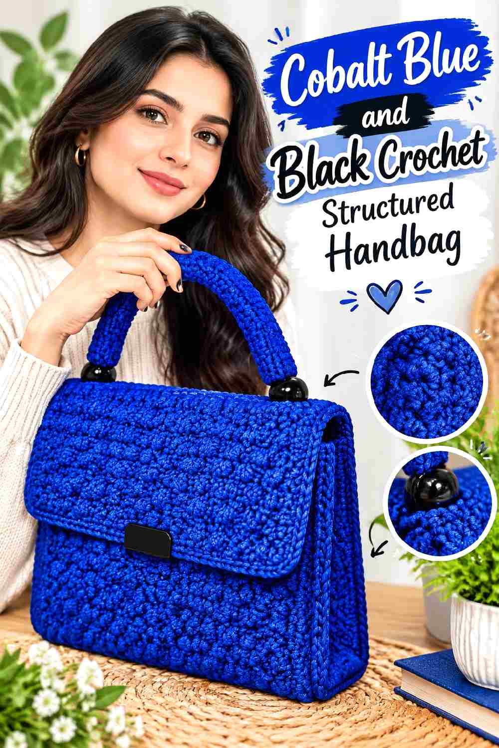 12. Cobalt Blue And Black Crochet Structured Handbag