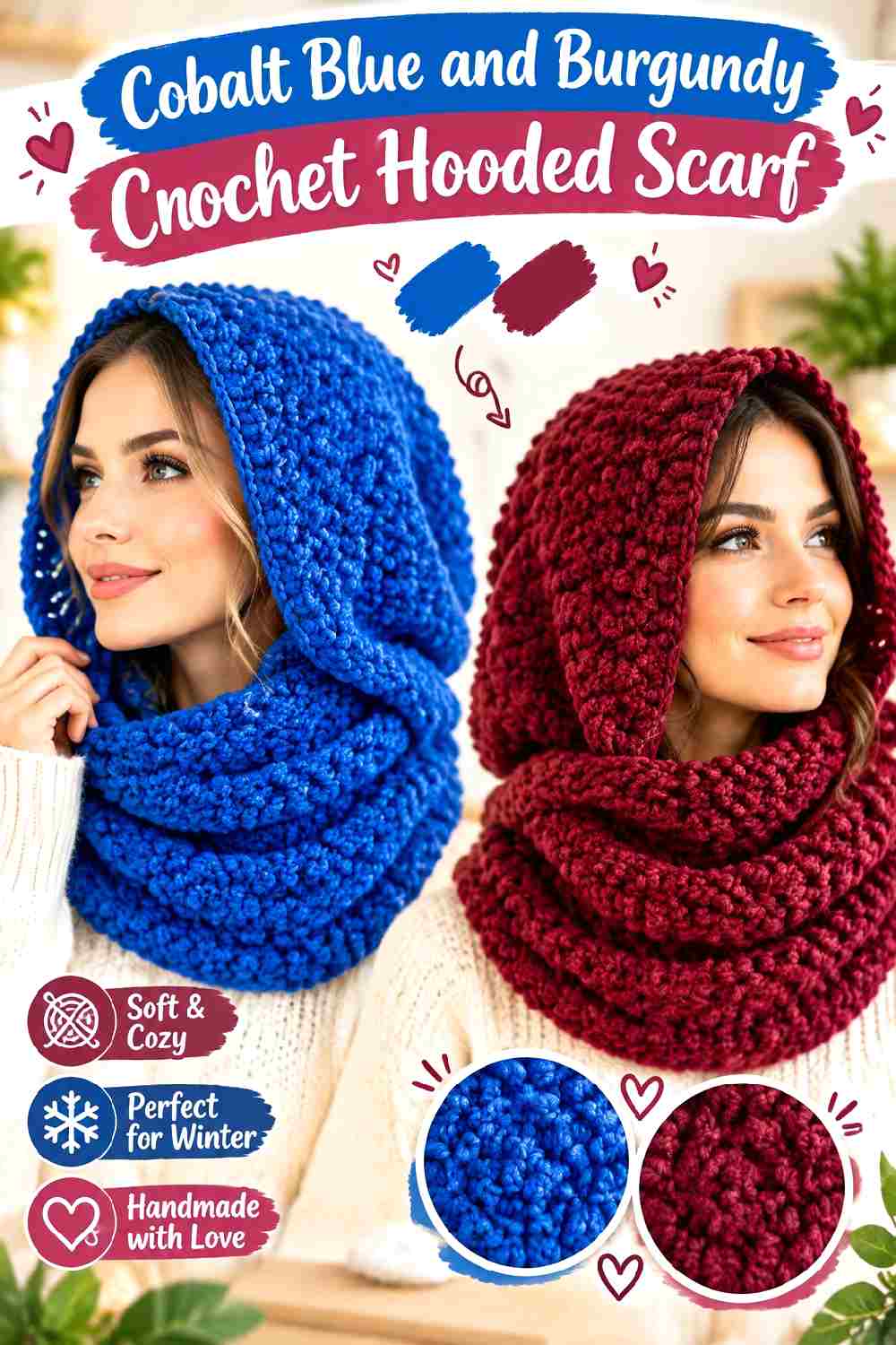 9. Cobalt Blue And Burgundy Crochet Hooded Scarf