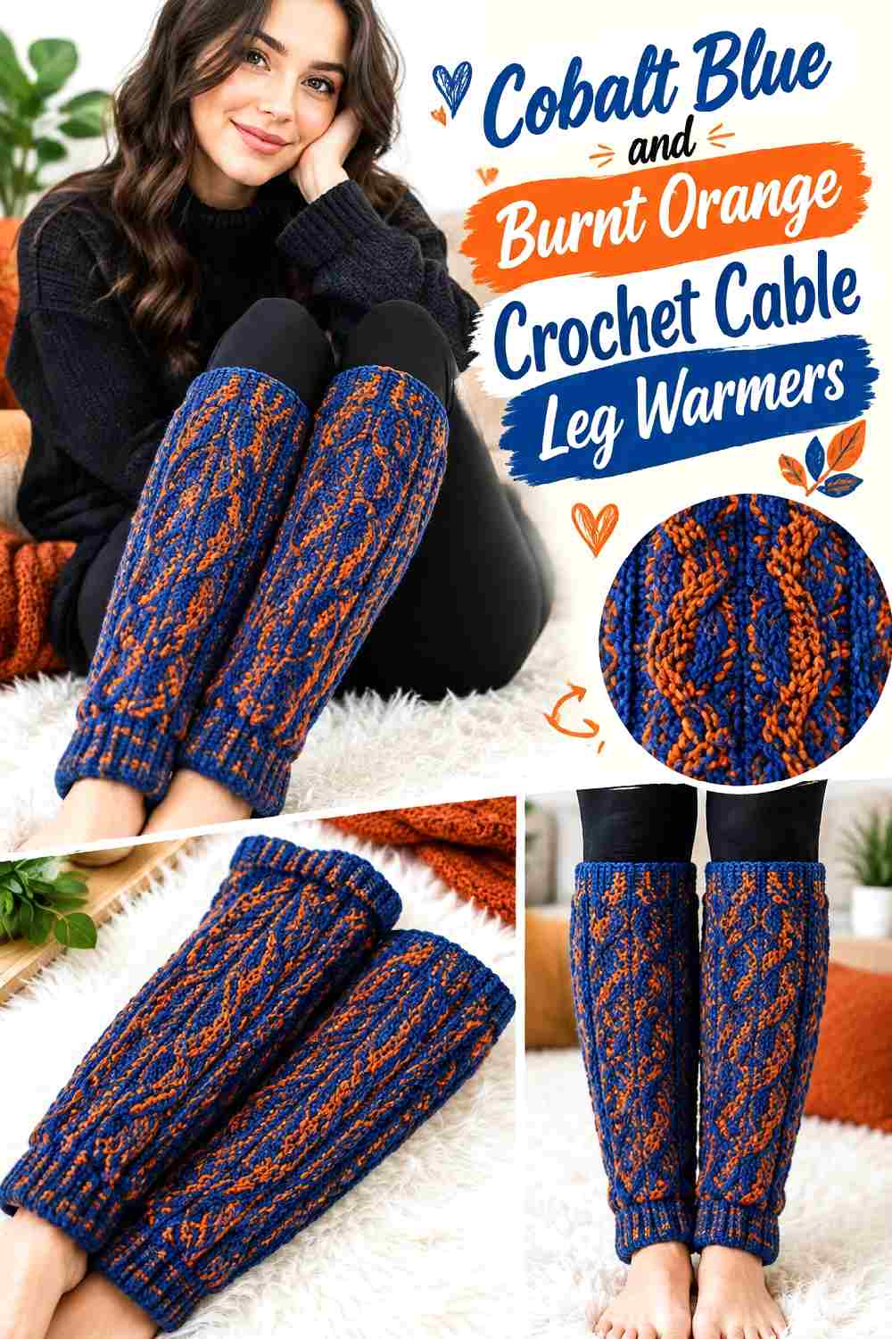 15. Cobalt Blue And Burnt Orange Crochet Cable Leg Warmers