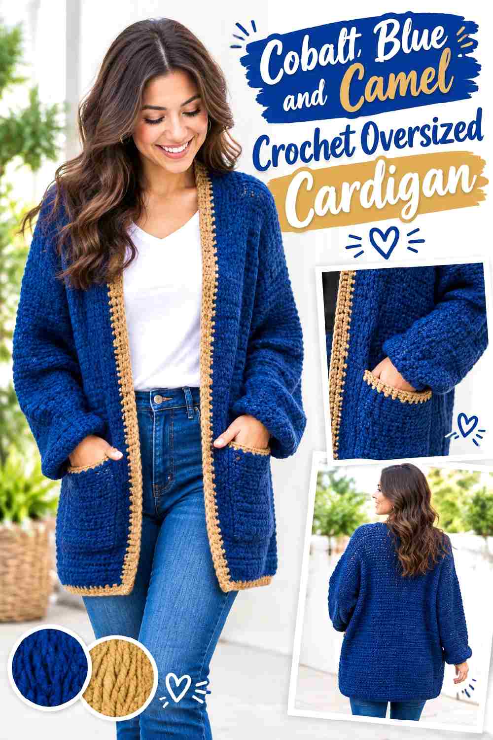 1. Cobalt Blue And Camel Crochet Oversized Cardigan