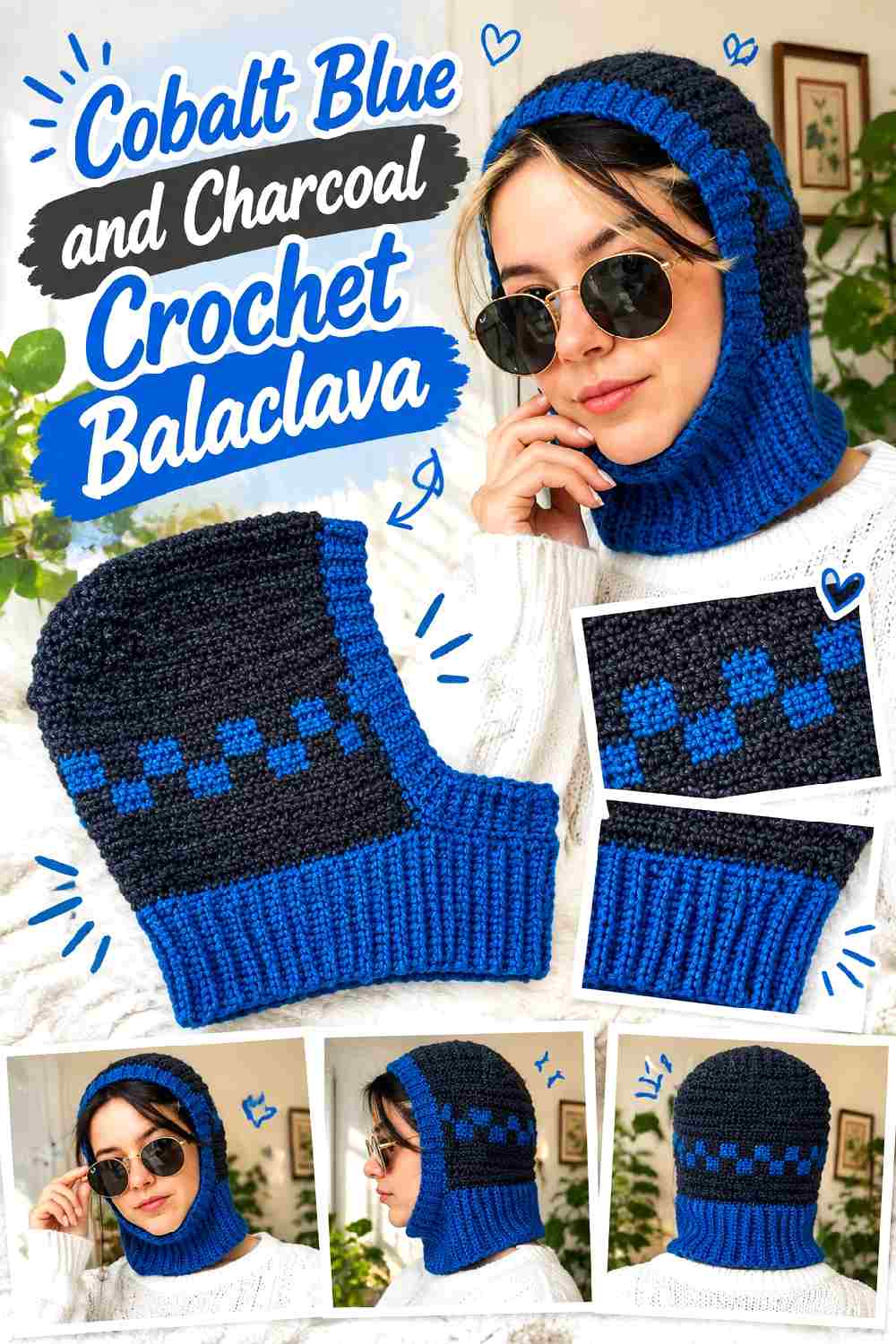 4. Cobalt Blue And Charcoal Crochet Balaclava