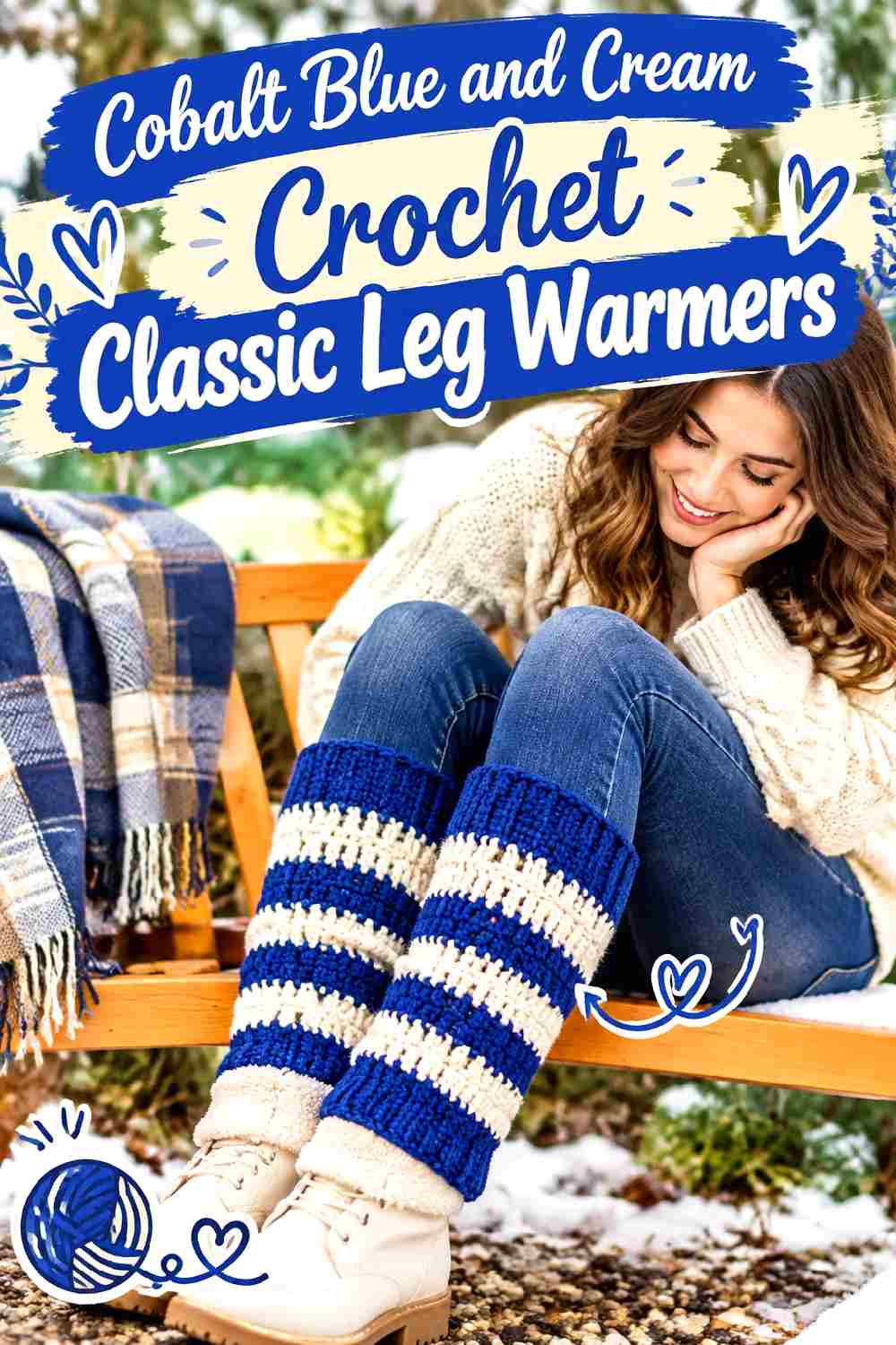 8. Cobalt Blue And Cream Crochet Classic Leg Warmers