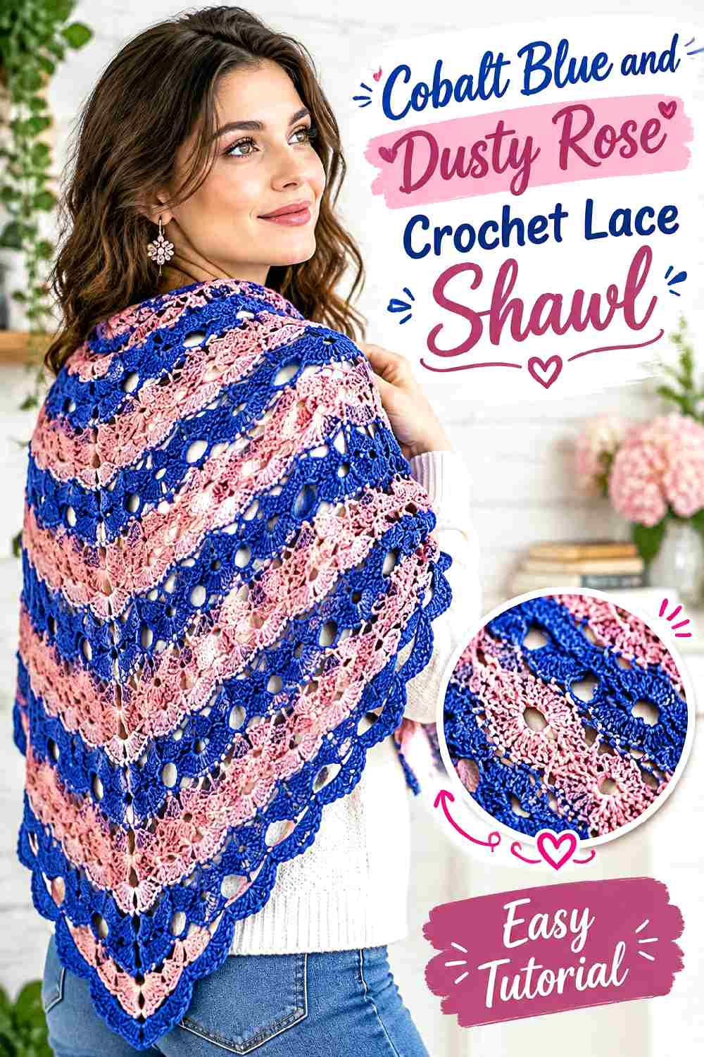 13. Cobalt Blue And Dusty Rose Crochet Lace Shawl