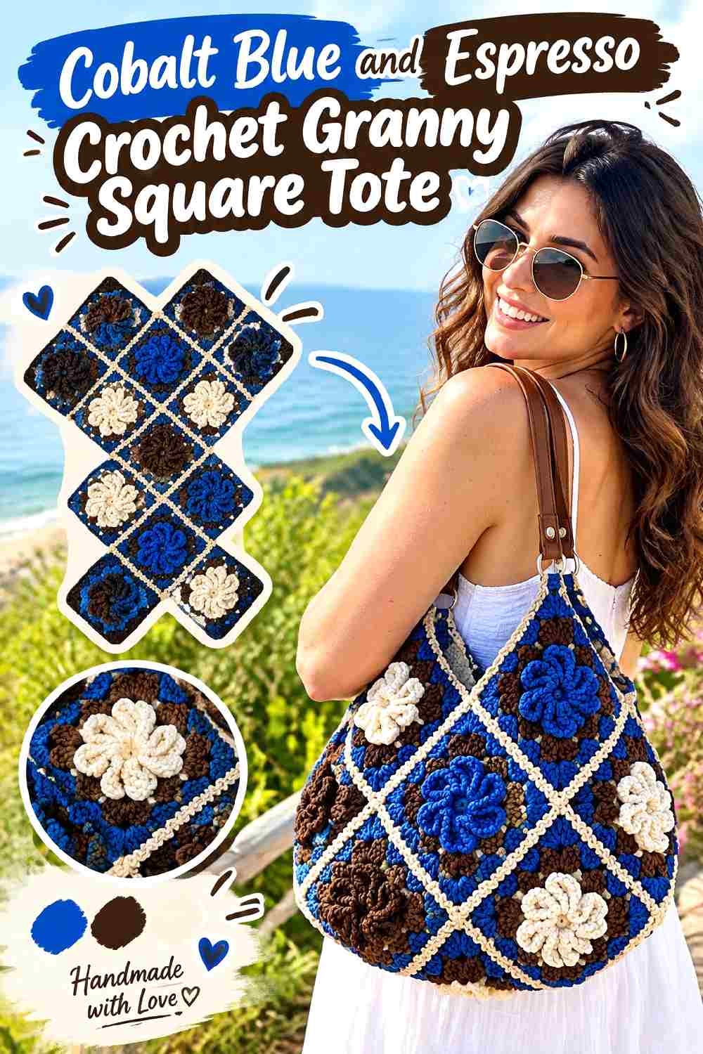 2. Cobalt Blue And Espresso Crochet Granny Square Tote