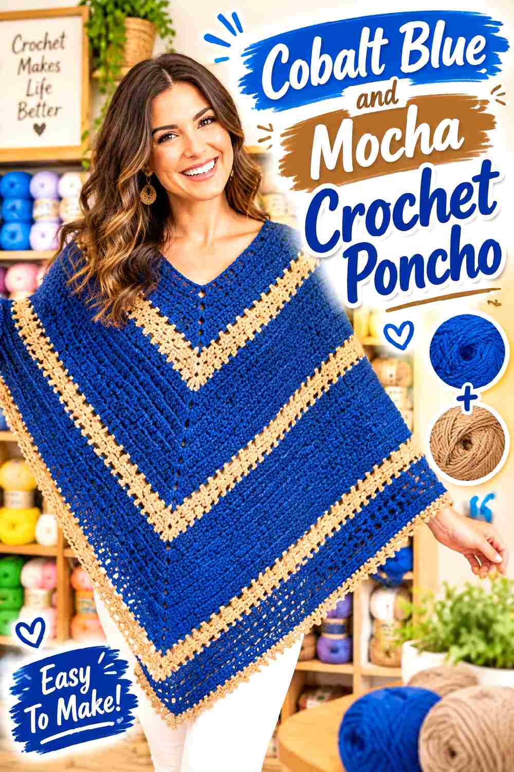 16. Cobalt Blue And Mocha Crochet Poncho