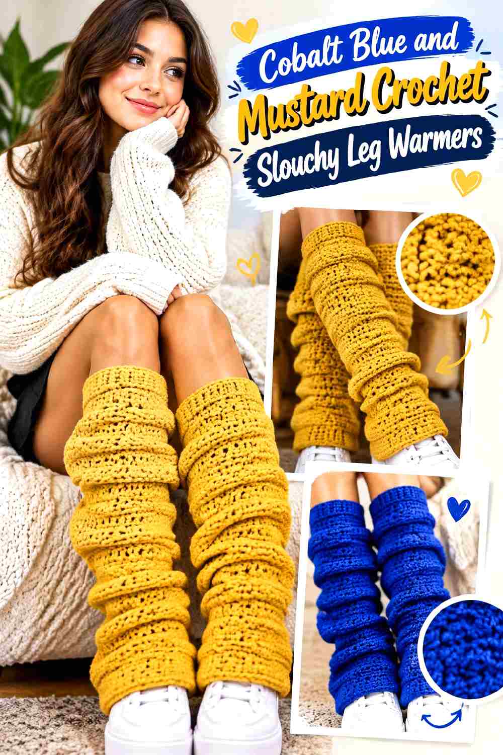 17. Cobalt Blue And Mustard Crochet Slouchy Leg Warmers