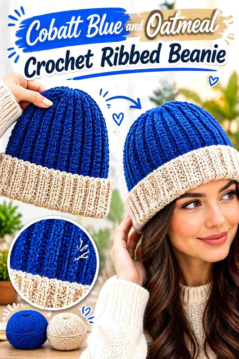 3. Cobalt Blue And Oatmeal Crochet Ribbed Beanie