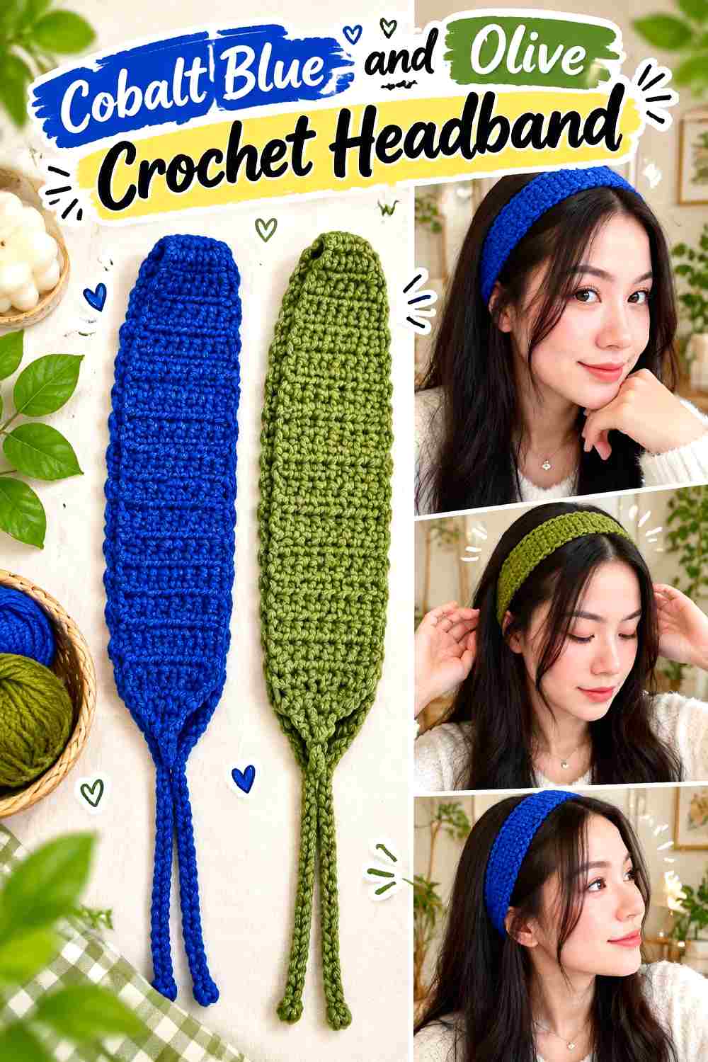 19. Cobalt Blue And Olive Crochet Headband