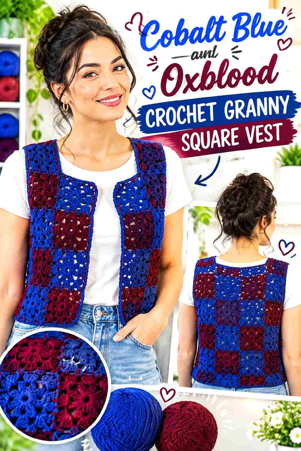 7. Cobalt Blue And Oxblood Crochet Granny Square Vest