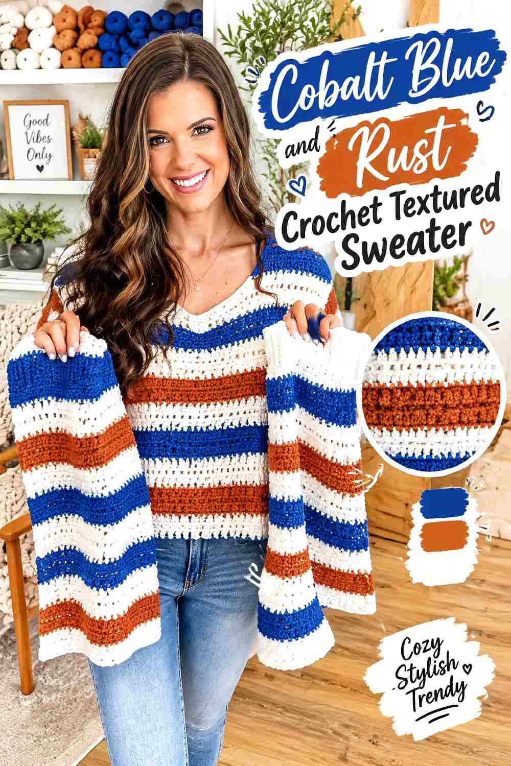 5. Cobalt Blue And Rust Crochet Textured Sweater