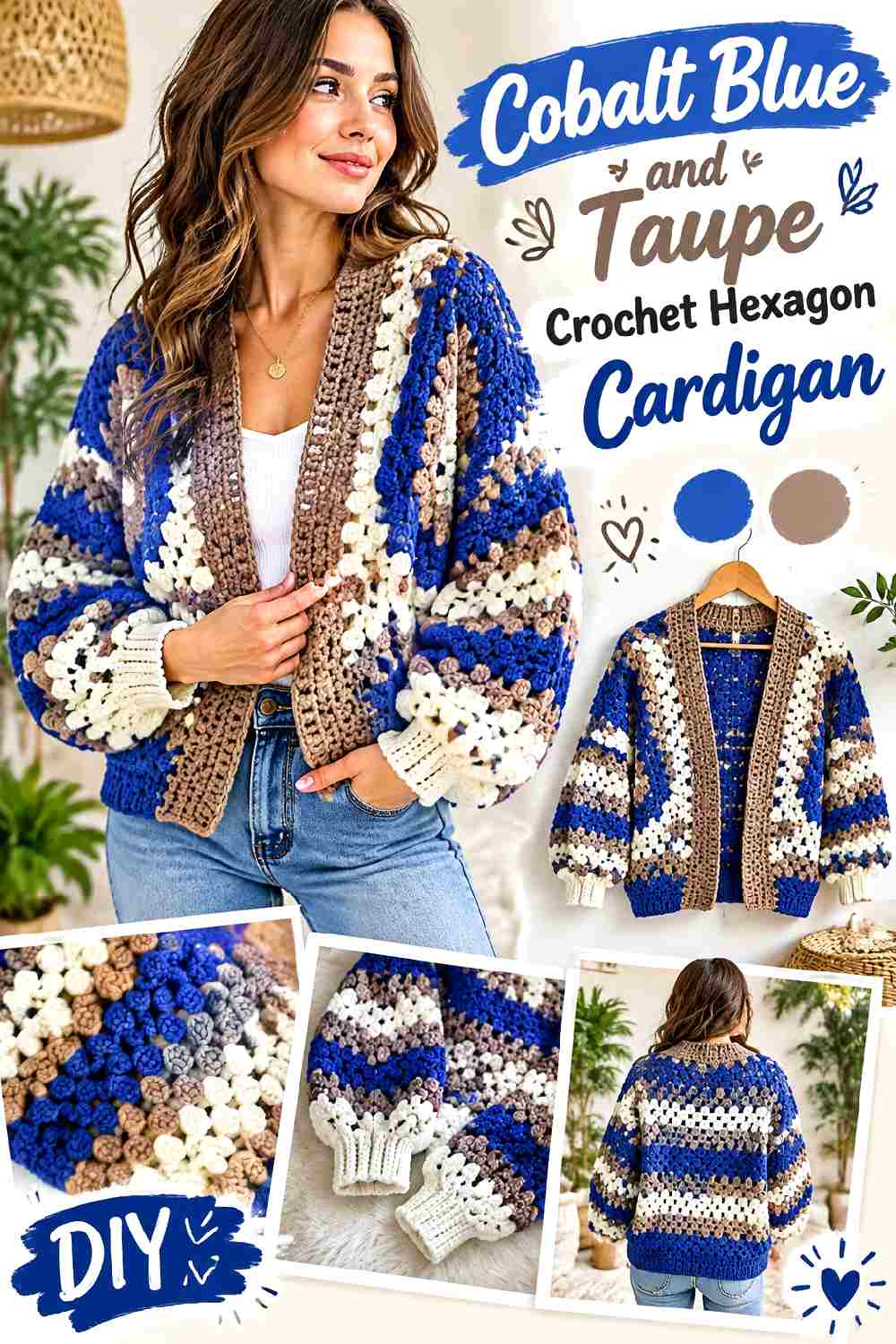18. Cobalt Blue And Taupe Crochet Hexagon Cardigan
