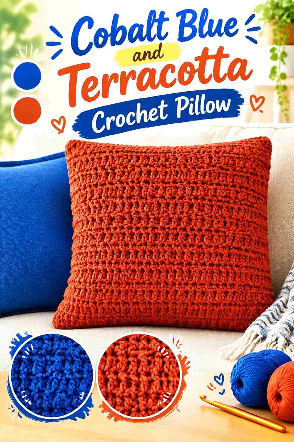 21. Cobalt Blue And Terracotta Crochet Pillow