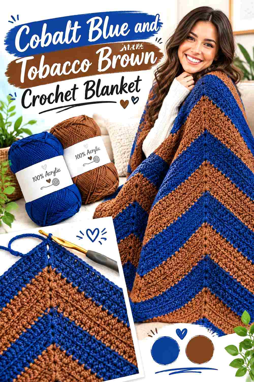 11. Cobalt Blue And Tobacco Brown Crochet Blanket
