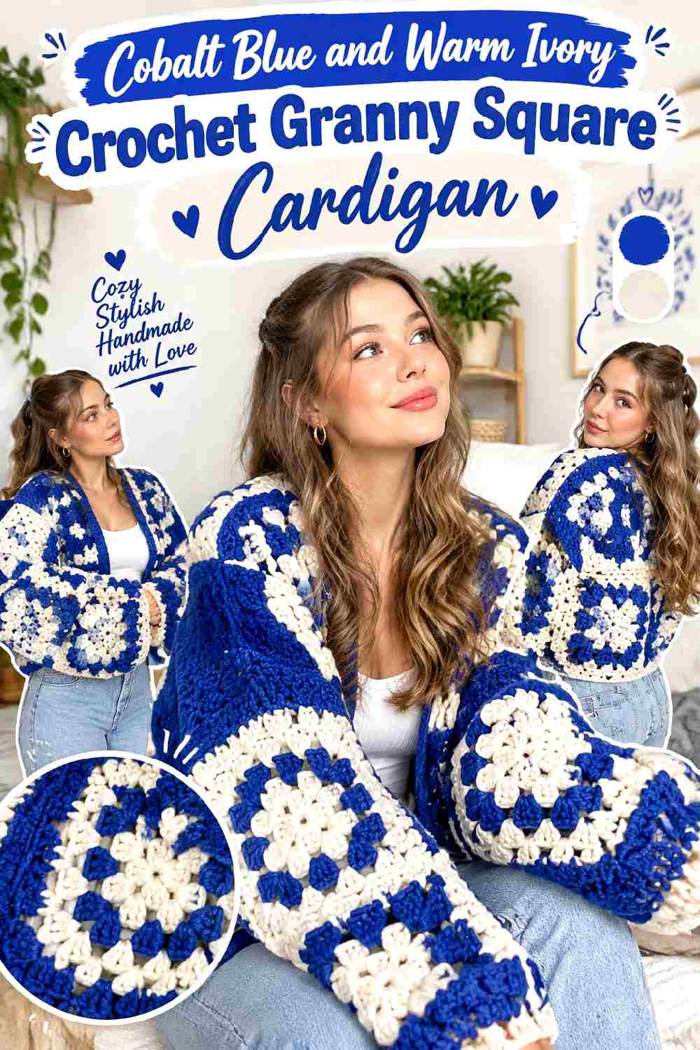 10. Cobalt Blue And Warm Ivory Crochet Granny Square Cardigan