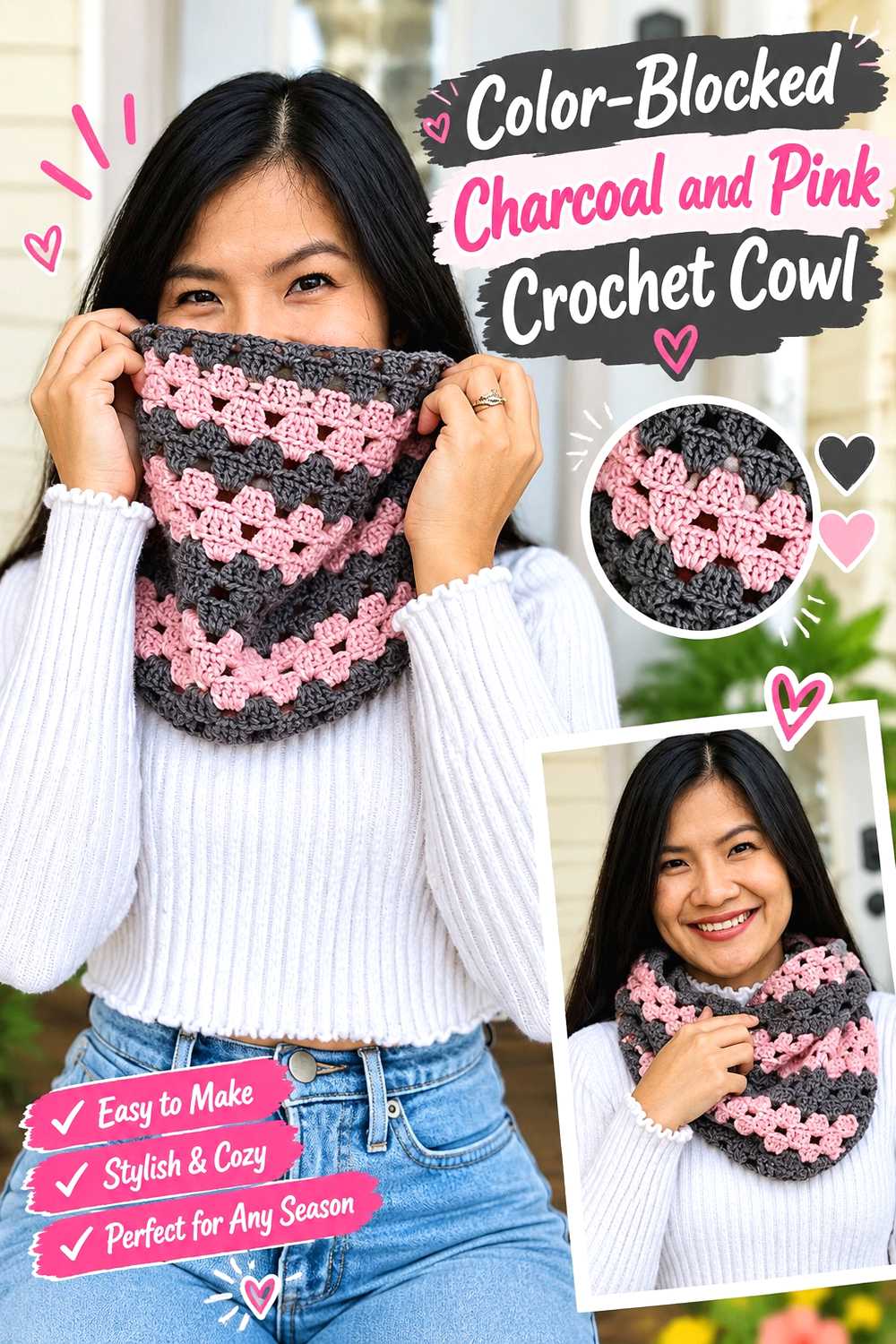 Color Blocked Charcoal and Pink Crochet Cowl