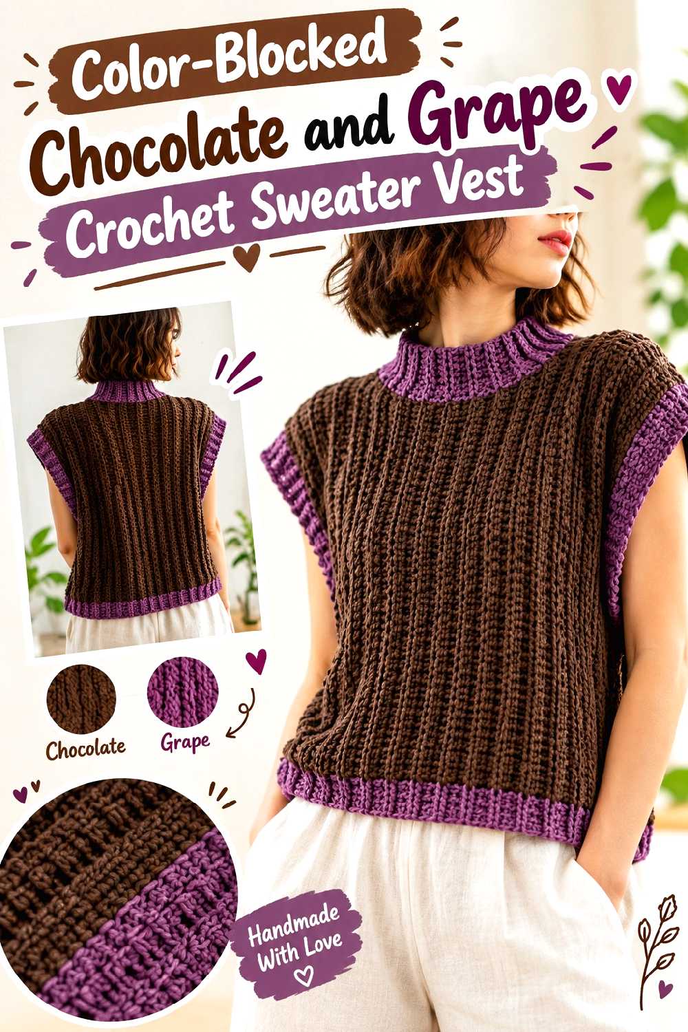 5. Color Blocked Chocolate And Grape Crochet Sweater Vest