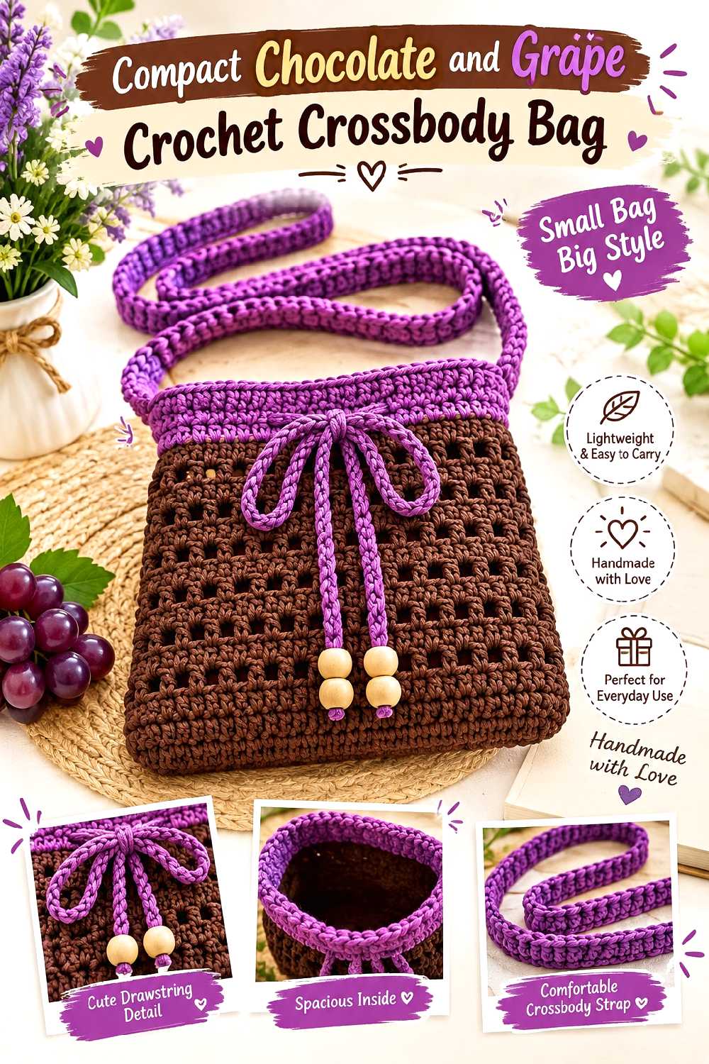 12. Compact Chocolate And Grape Crochet Crossbody Bag