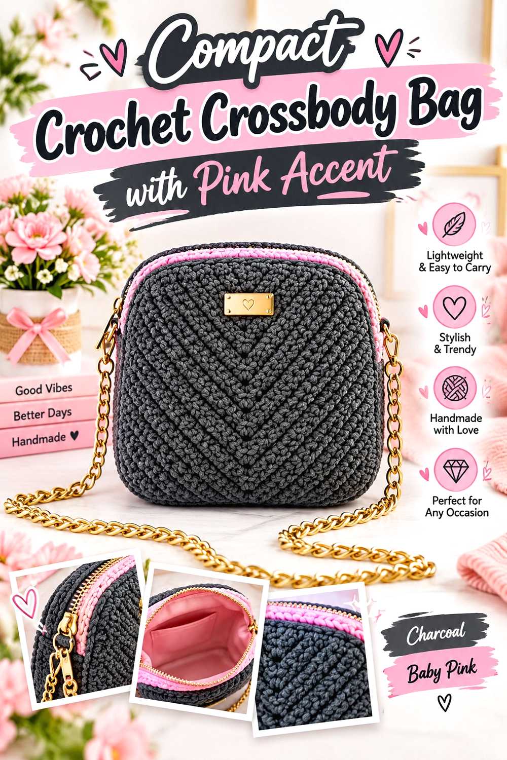 Compact Crochet Crossbody Bag with Pink Accent