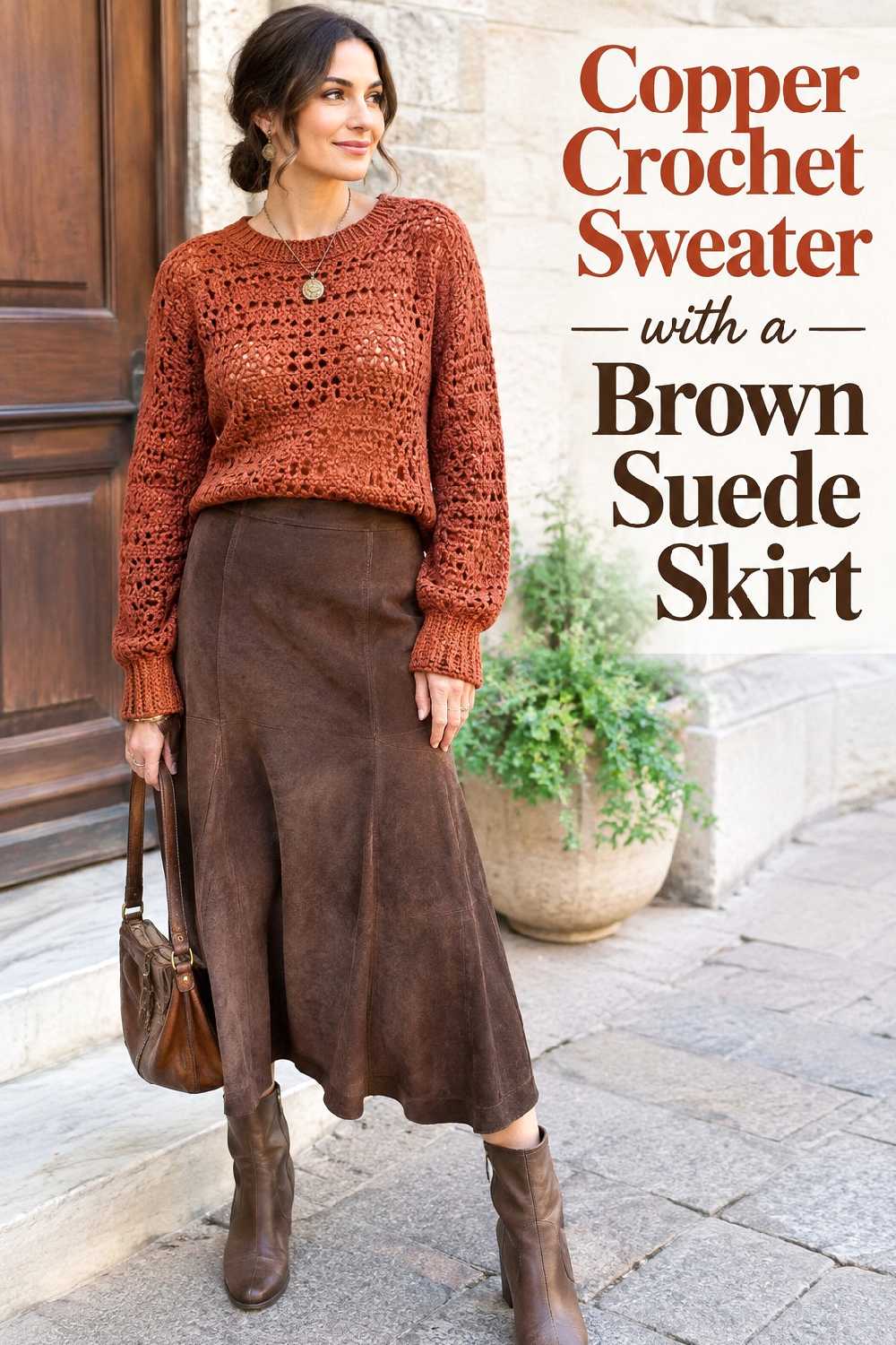 13. Copper Crochet Sweater With A Brown Suede Skirt