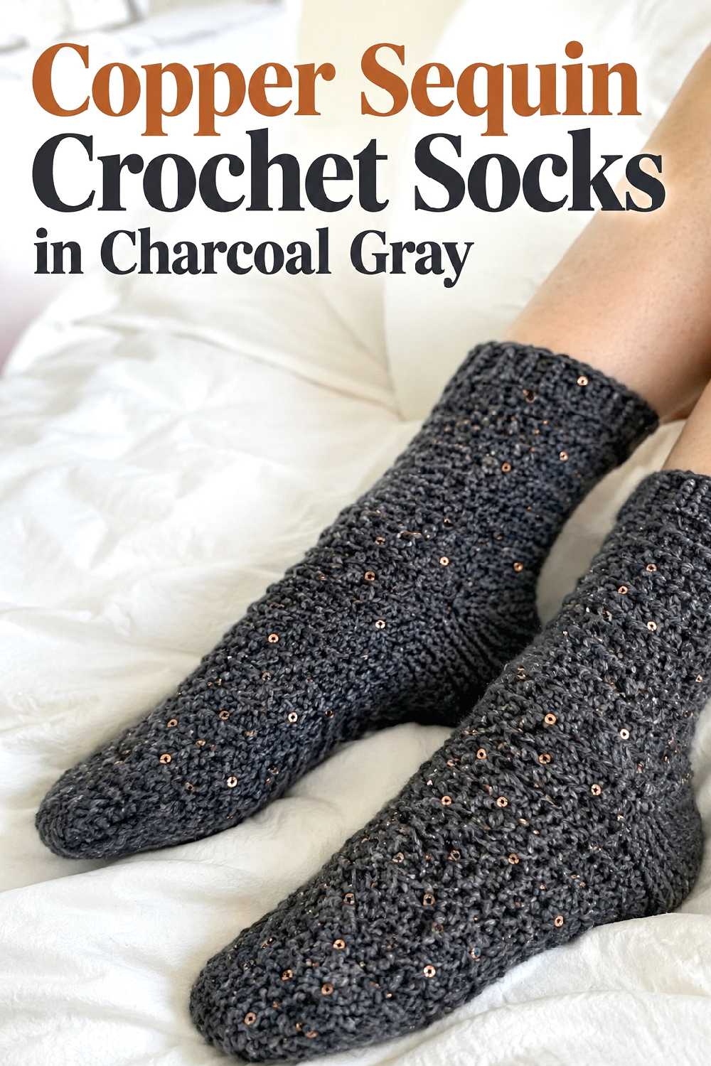 16. Copper Sequin Crochet Socks In Charcoal Gray