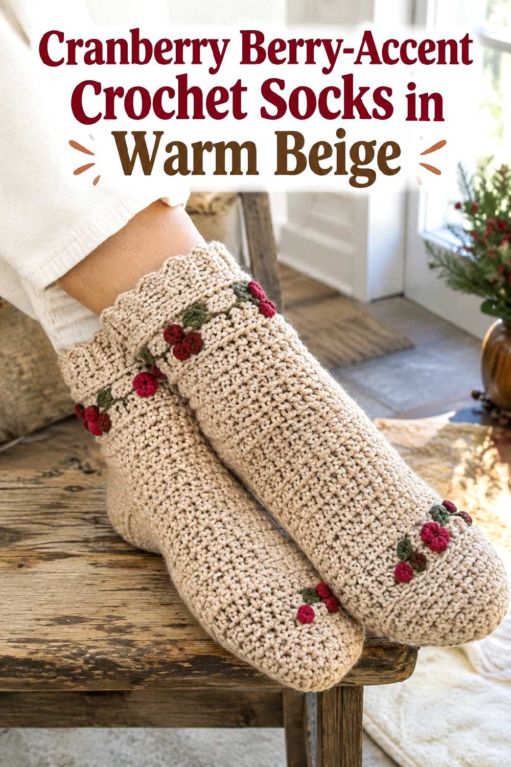 14. Cranberry Berry Accent Crochet Socks In Warm Beige