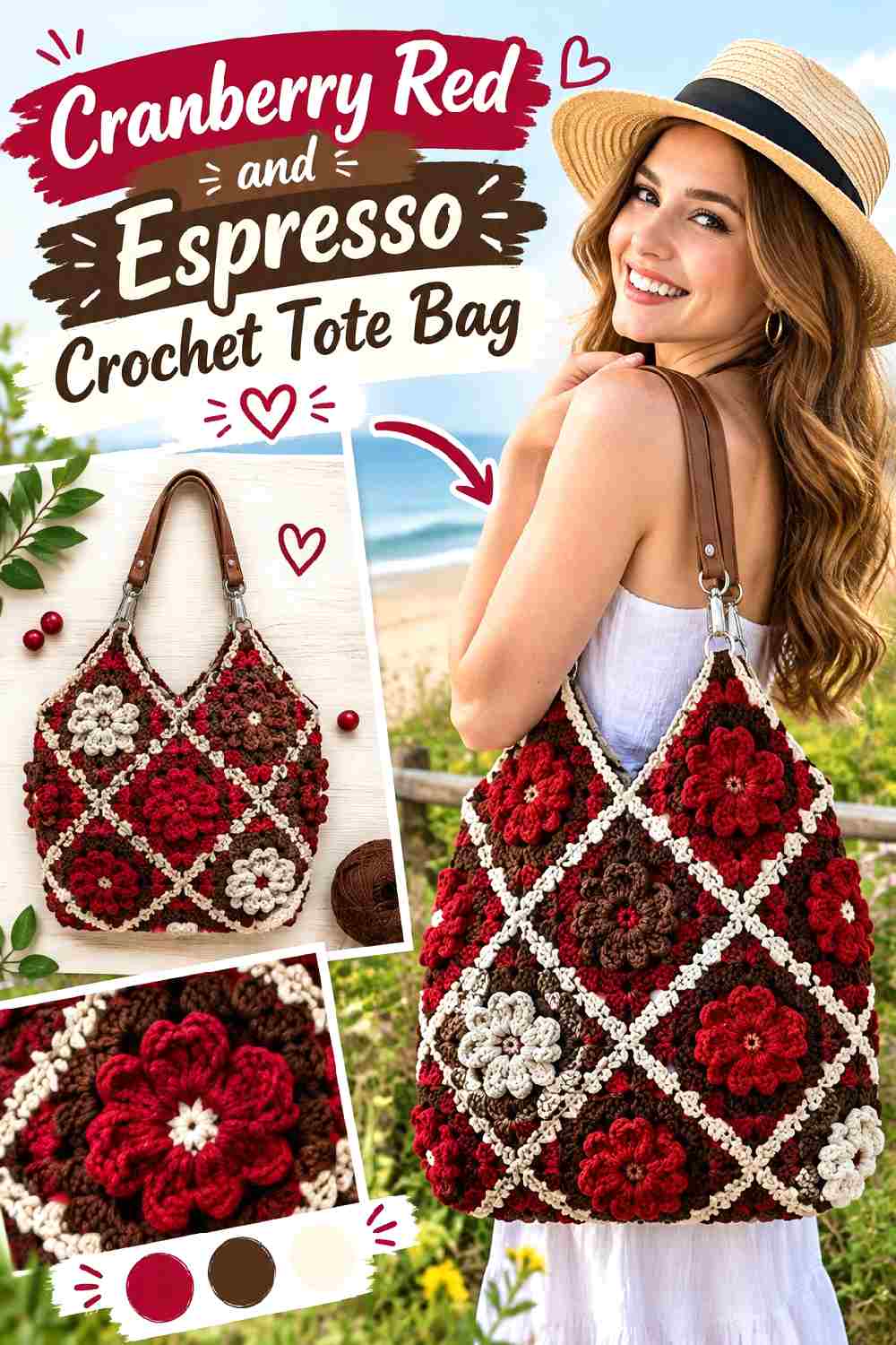 6. Cranberry Red And Espresso Crochet Tote Bag