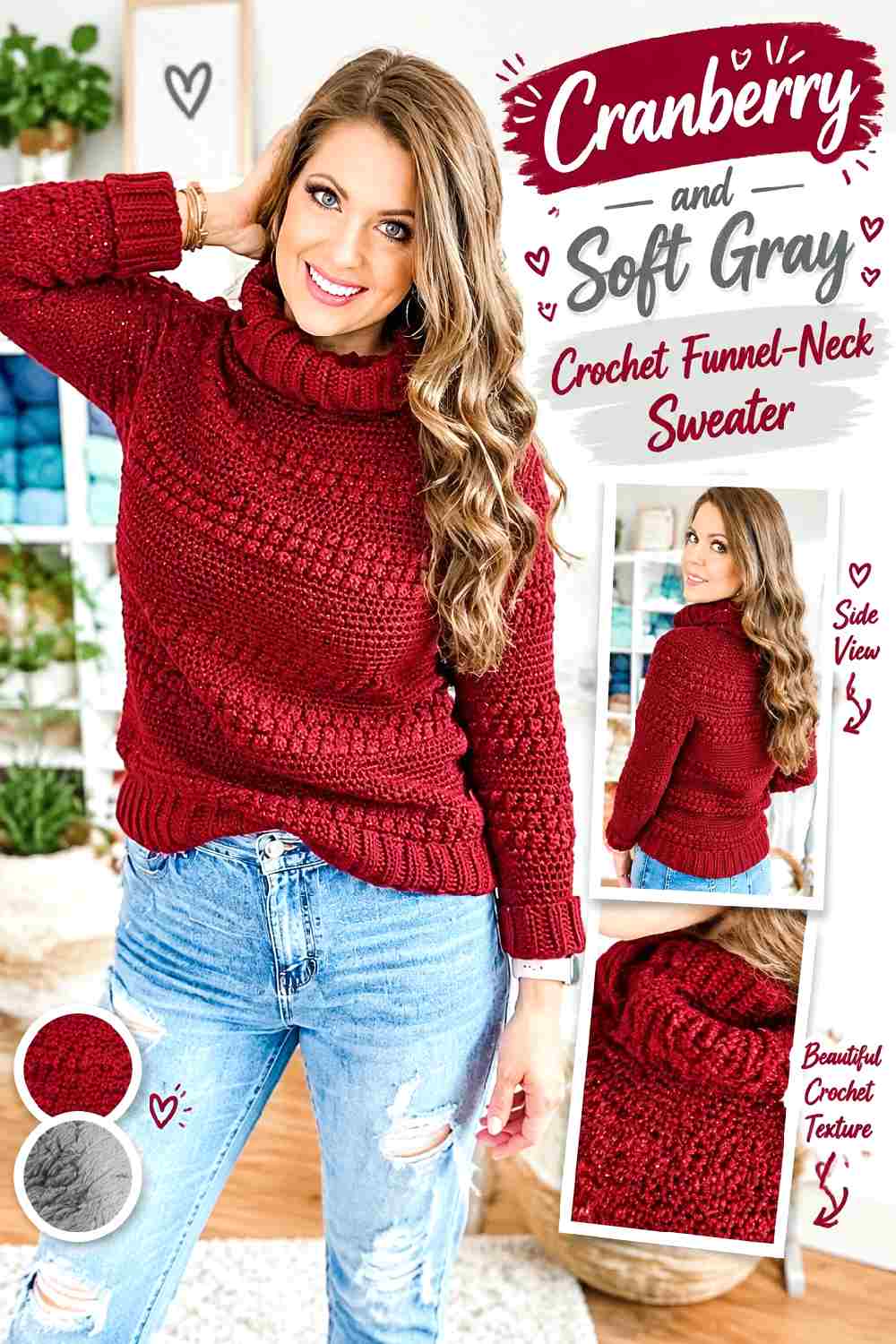 15. Cranberry And Soft Gray Crochet Funnel Neck Sweater