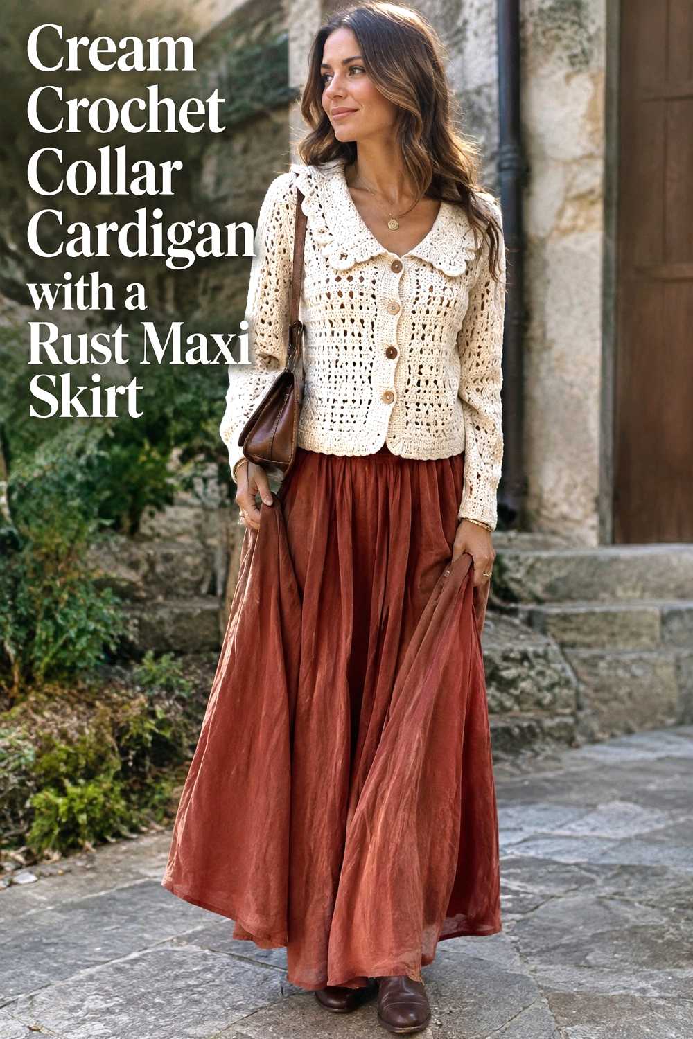 18. Cream Crochet Collar Cardigan With A Rust Maxi Skirt
