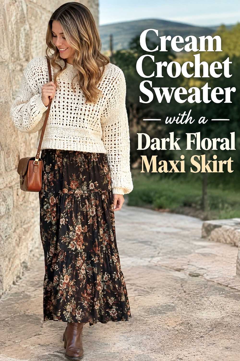 6. Cream Crochet Sweater With A Dark Floral Maxi Skirt