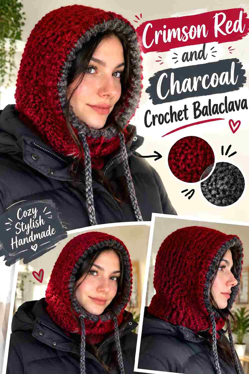 12. Crimson Red And Charcoal Crochet Balaclava