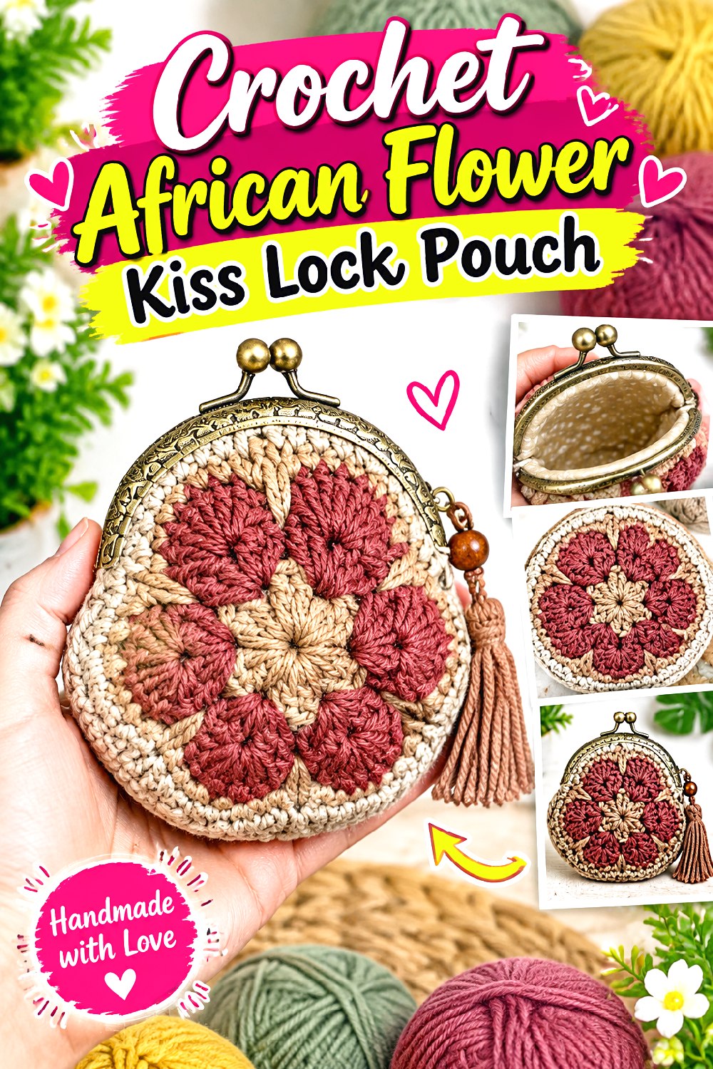 Crochet African Flower Kiss Lock Pouch