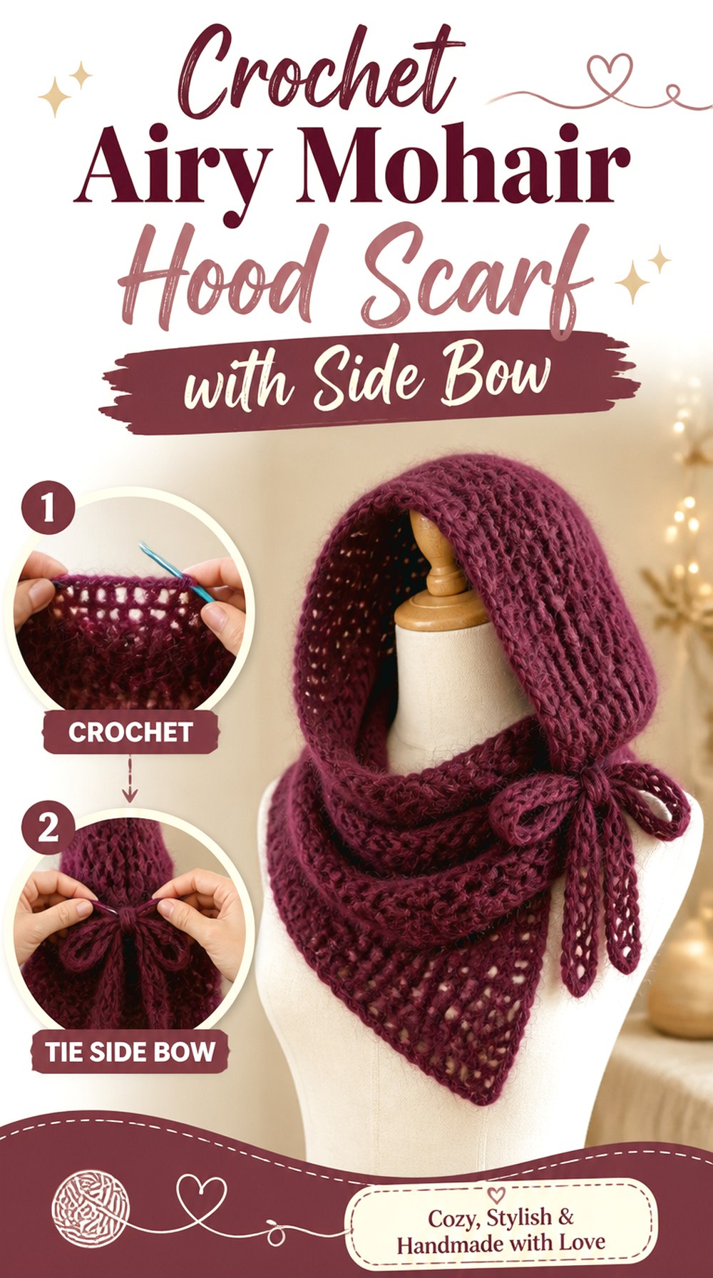 Crochet Airy Mohair Hood Scarf with Side Bow