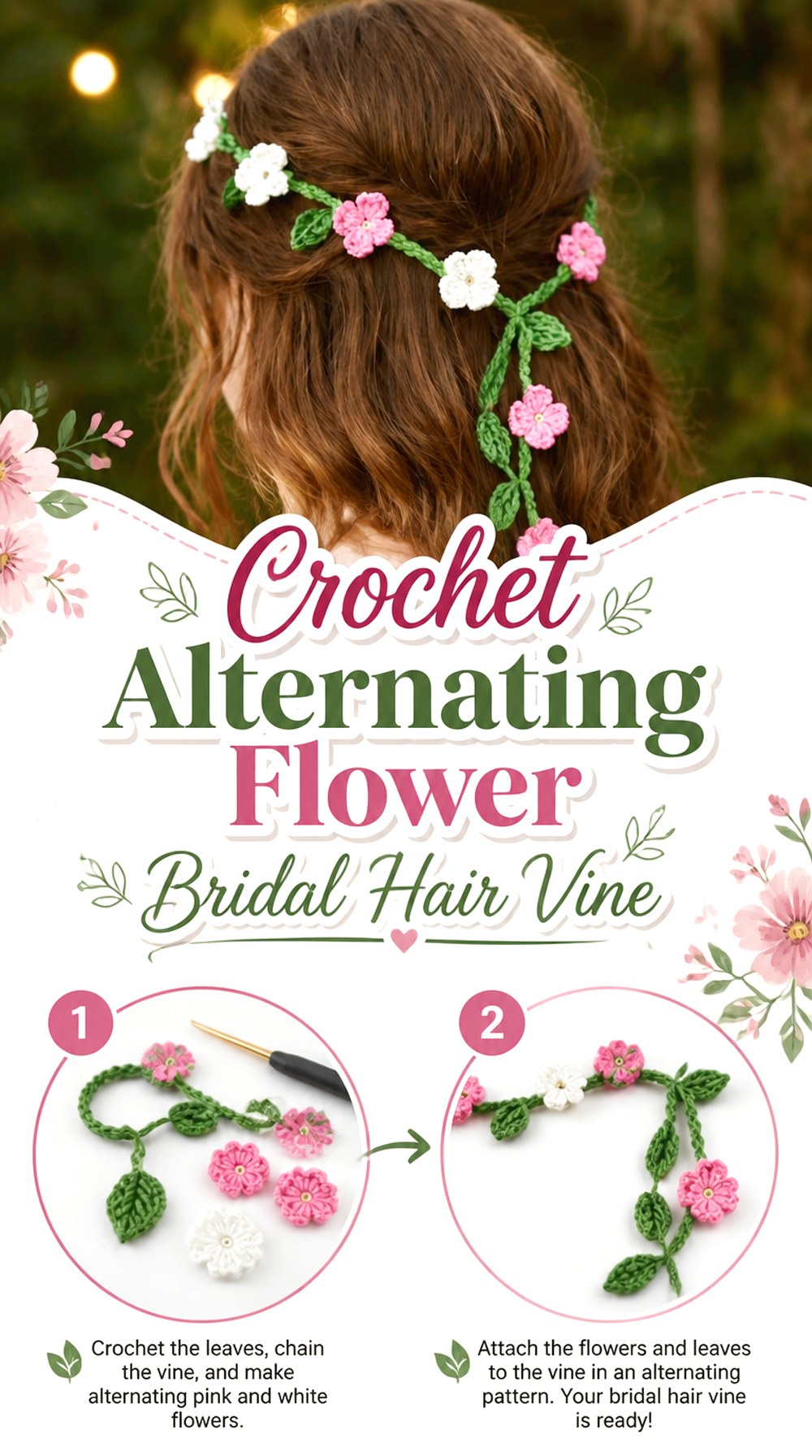 Crochet Alternating Flower Bridal Hair Vine