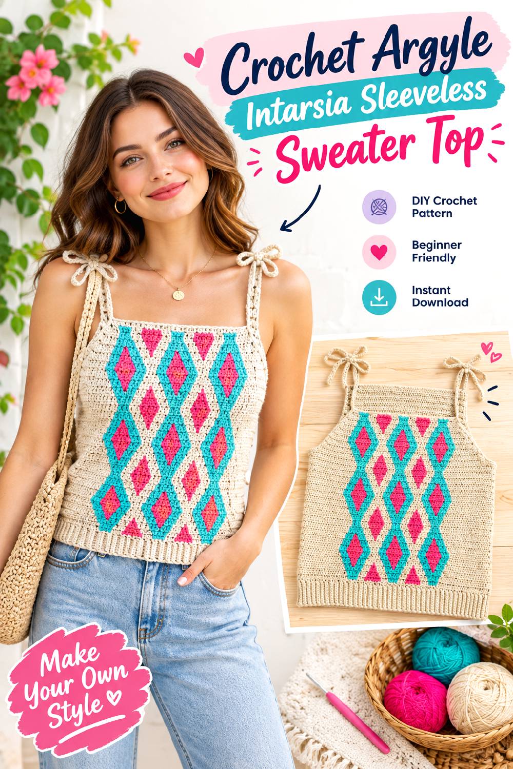 Crochet Argyle Intarsia Sleeveless Sweater Top