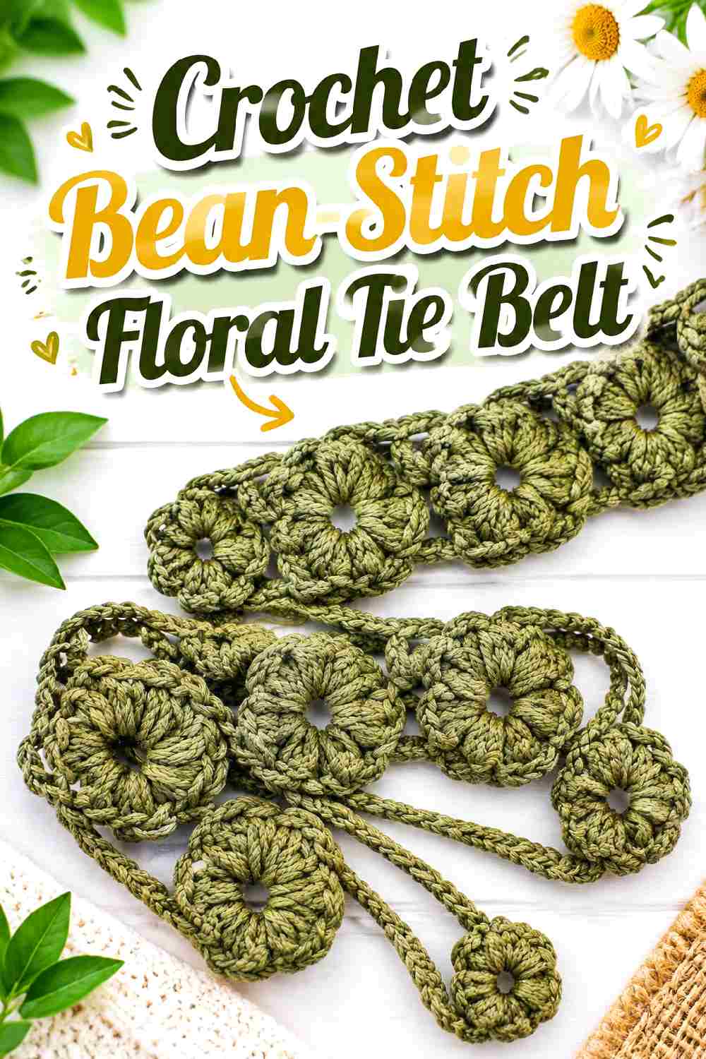 18. Crochet Bean Stitch Floral Tie Belt